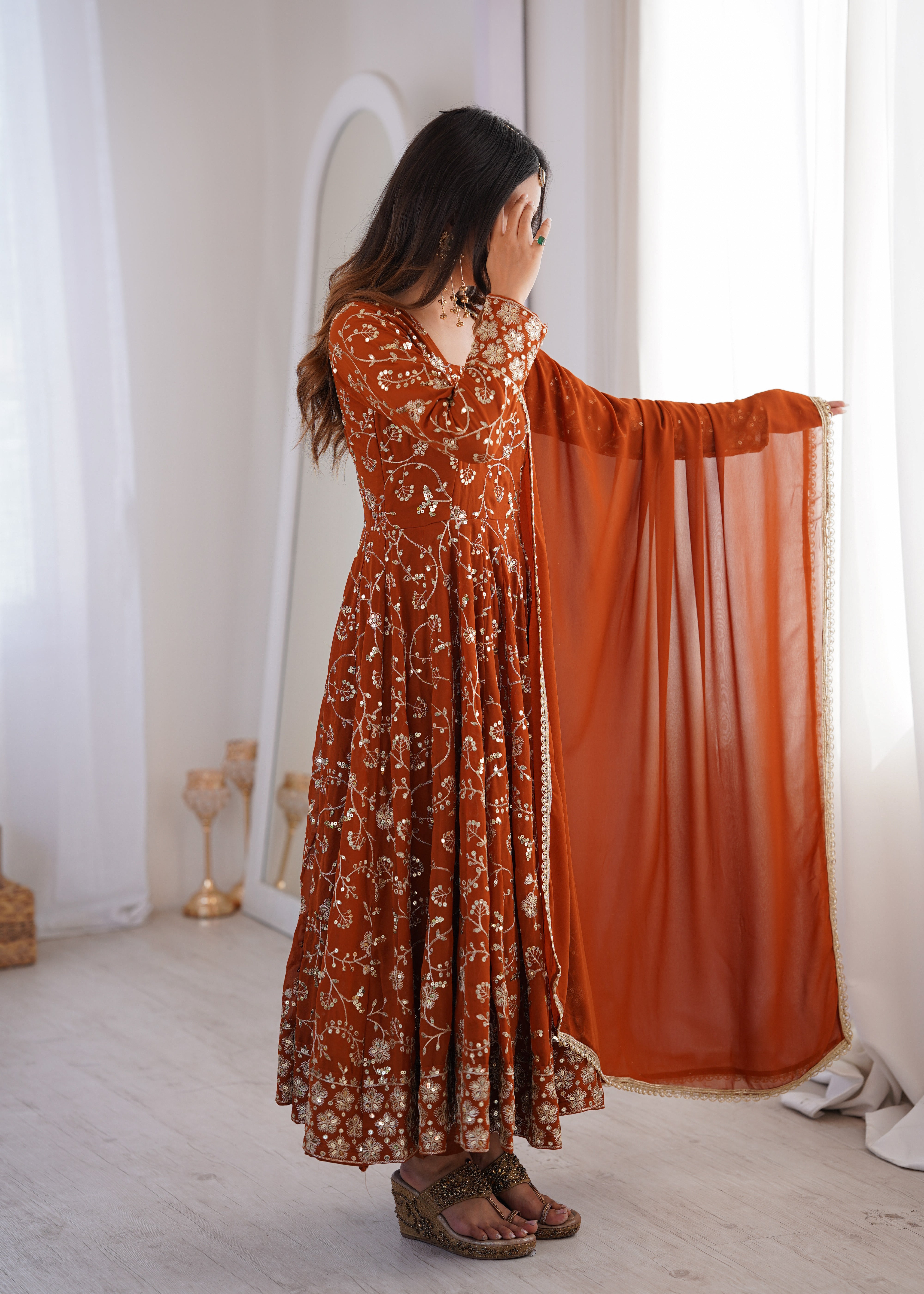 Womenline Rust Orange Embroidered Anarkali Gown with Dupatta
