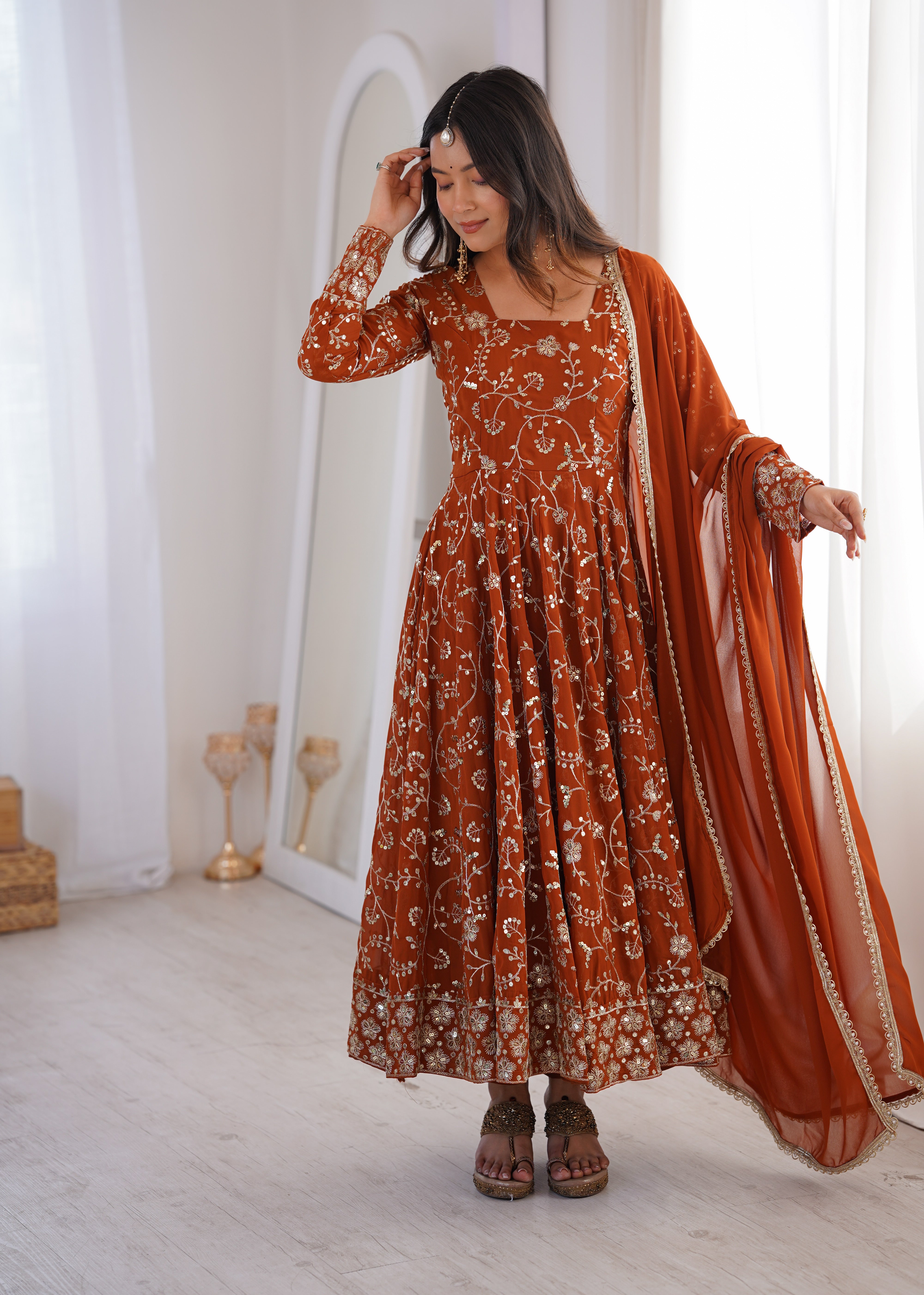 Womenline Rust Orange Embroidered Anarkali Gown with Dupatta