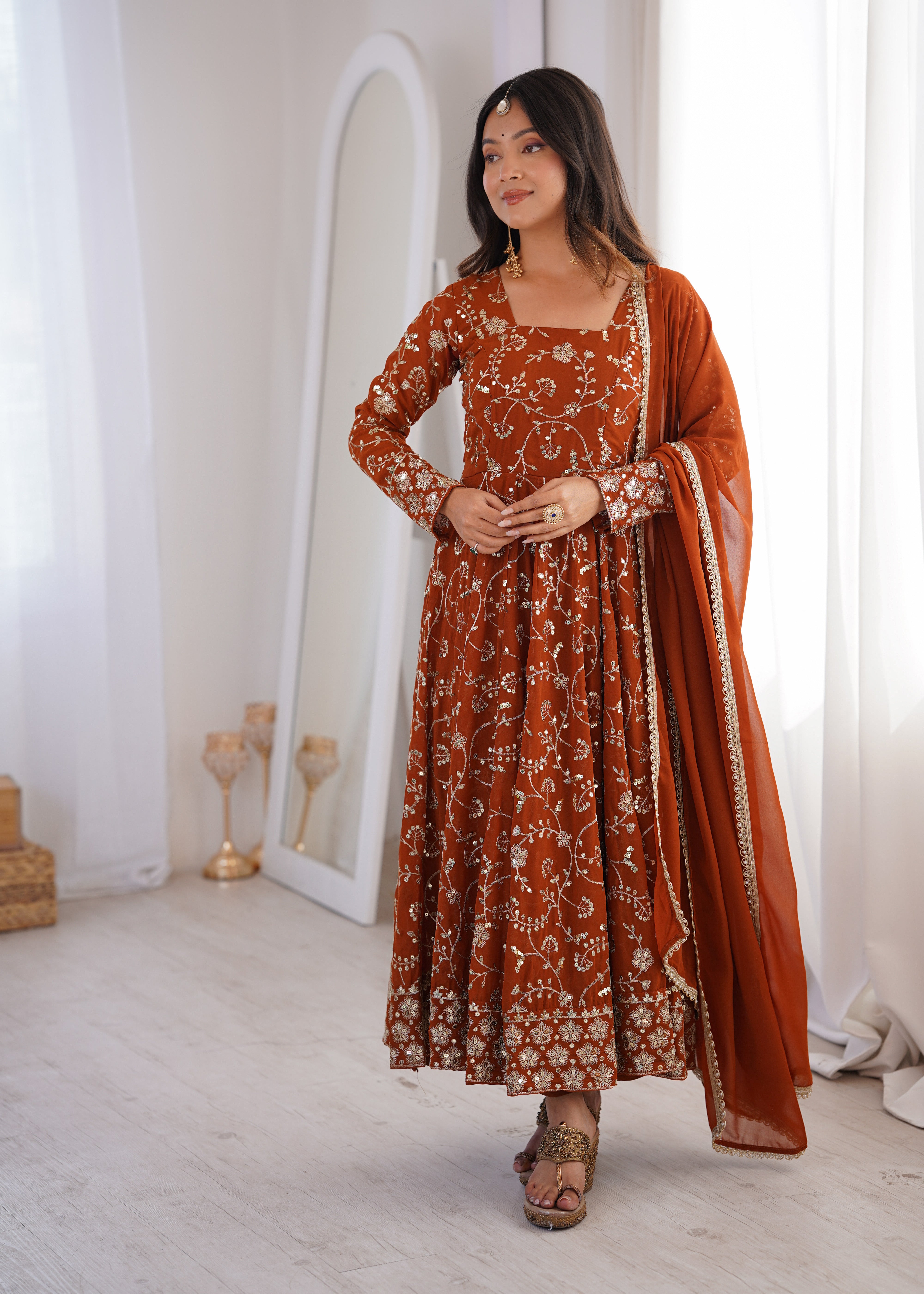 Womenline Rust Orange Embroidered Anarkali Gown with Dupatta