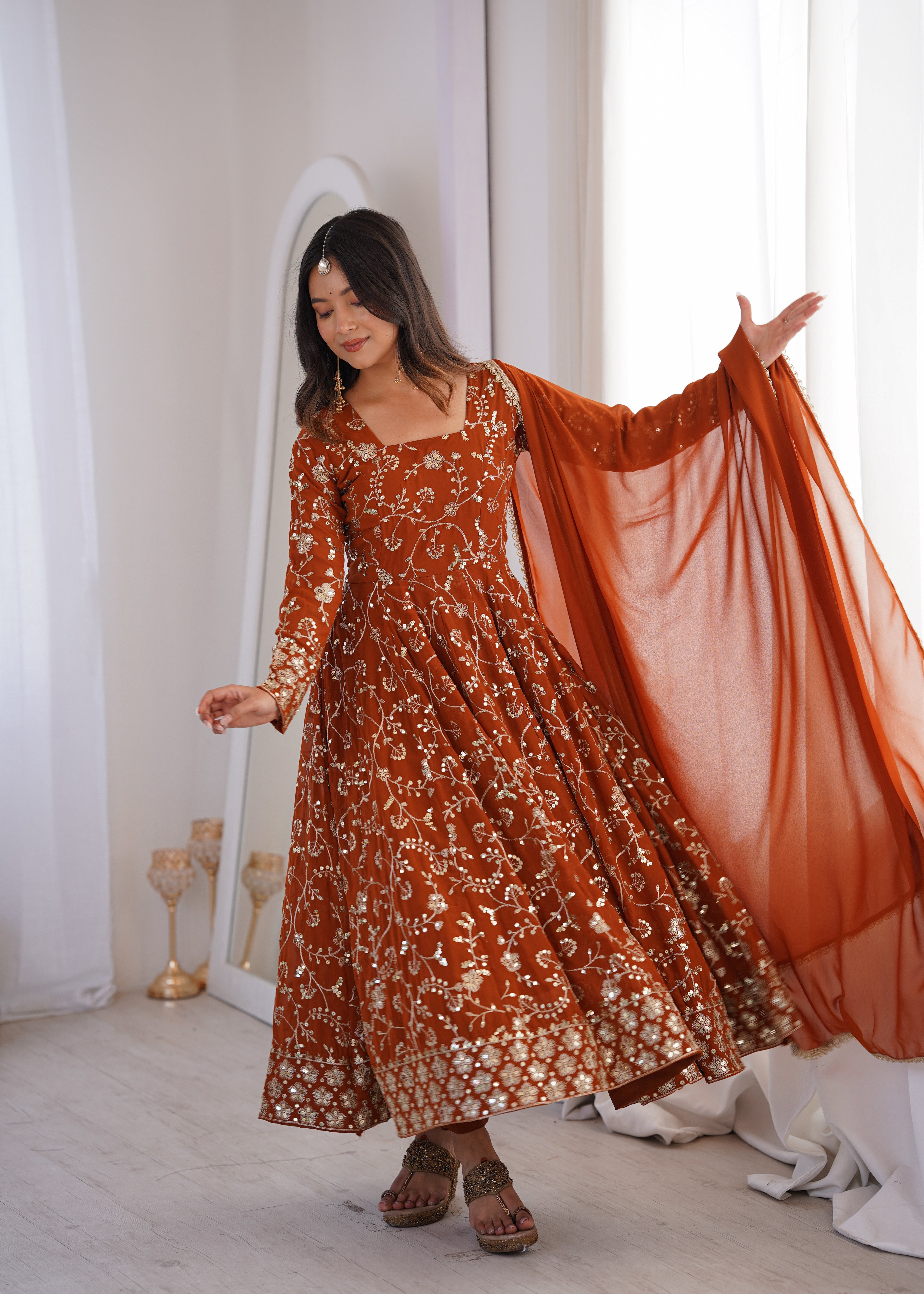 Womenline Rust Orange Embroidered Anarkali Gown with Dupatta