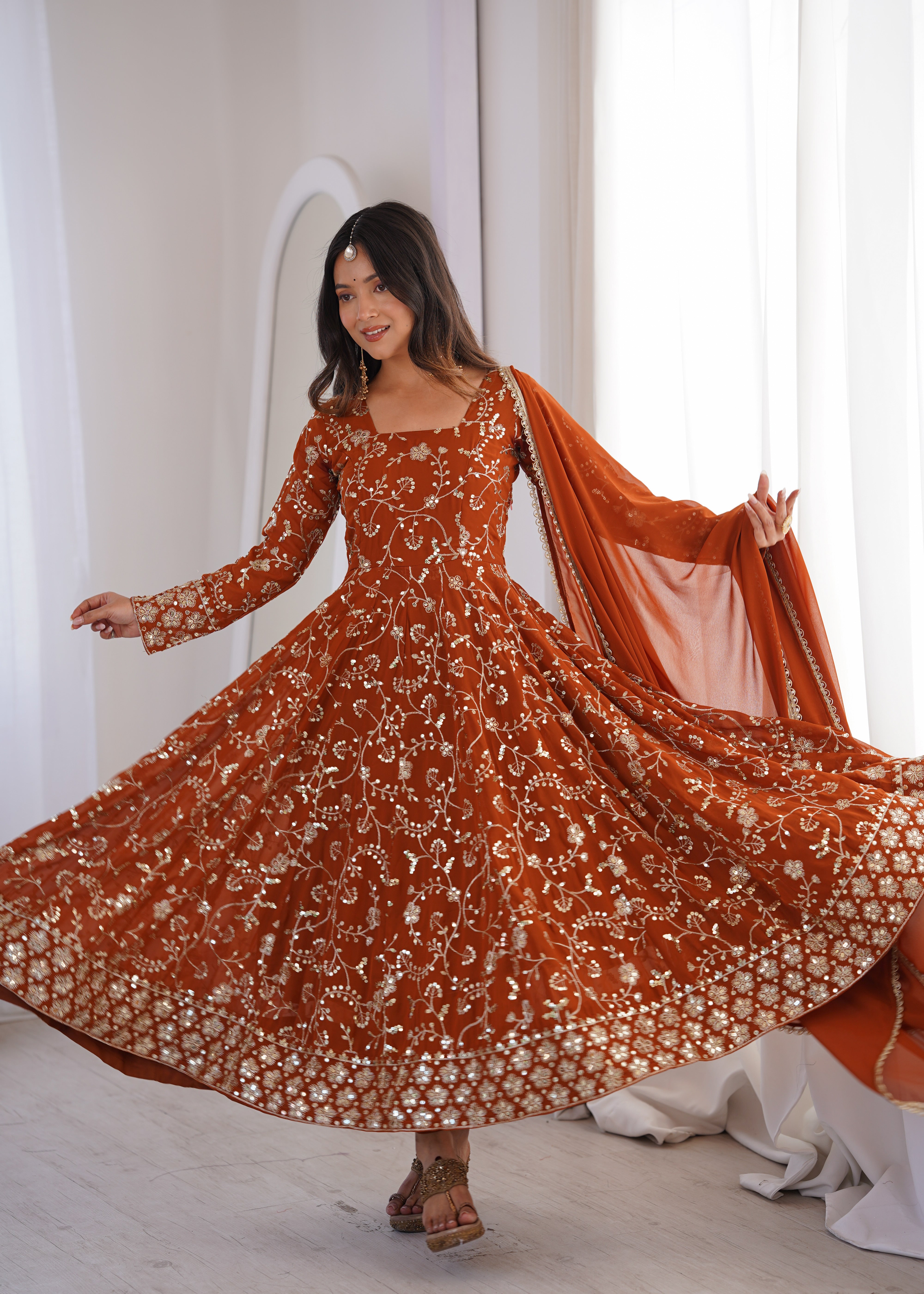 Womenline Rust Orange Embroidered Anarkali Gown with Dupatta