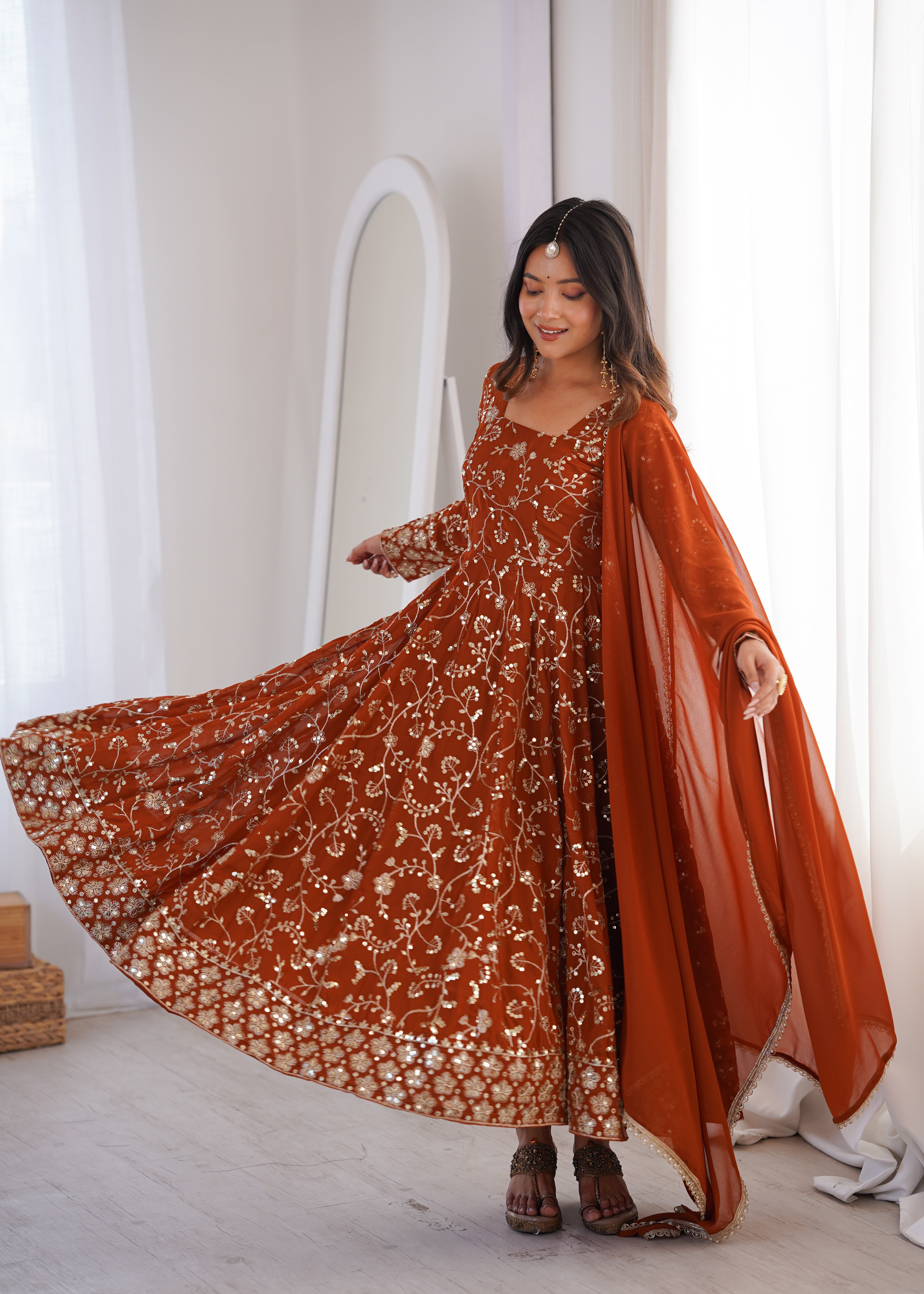 Womenline Rust Orange Embroidered Anarkali Gown with Dupatta