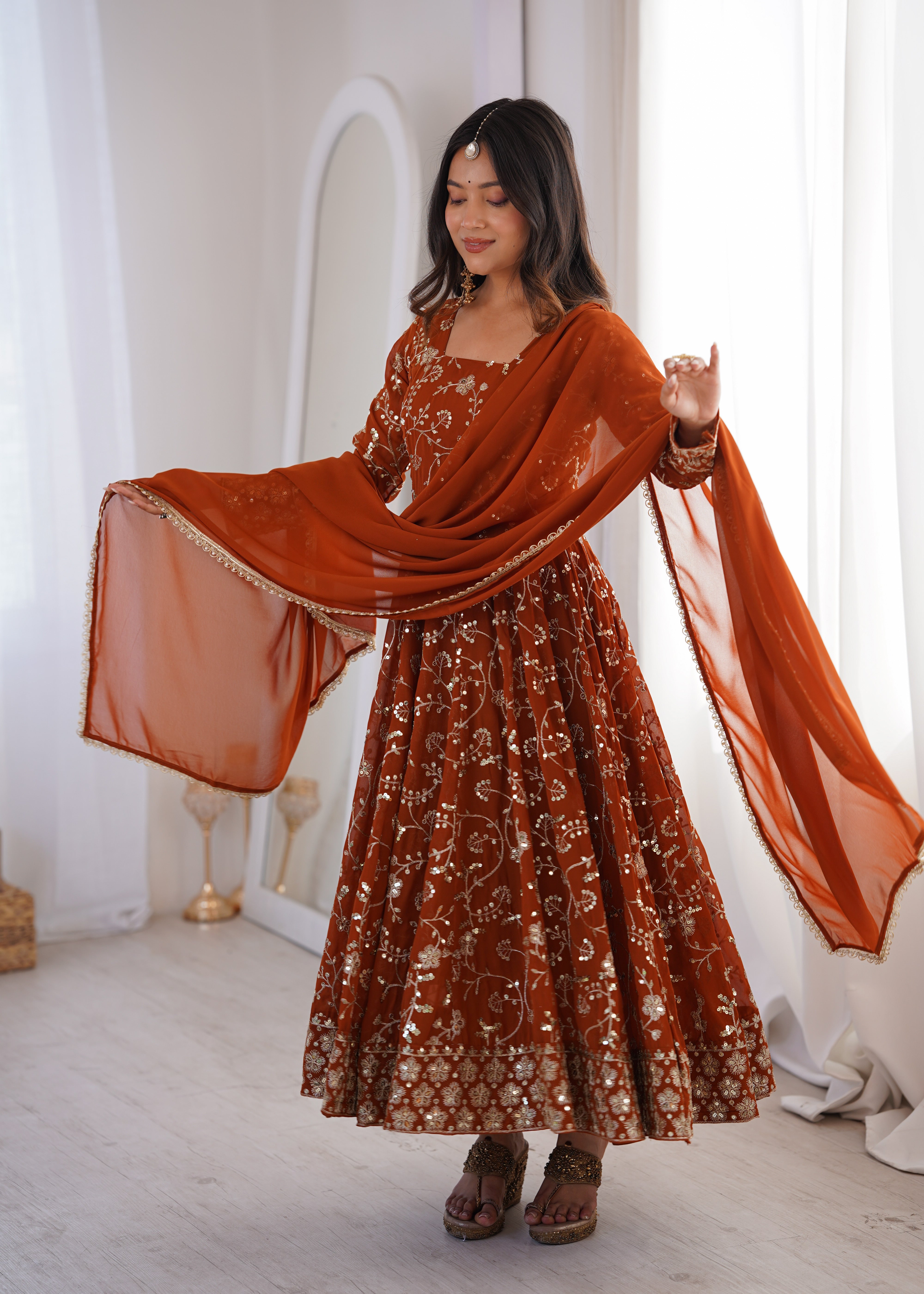Womenline Rust Orange Embroidered Anarkali Gown with Dupatta