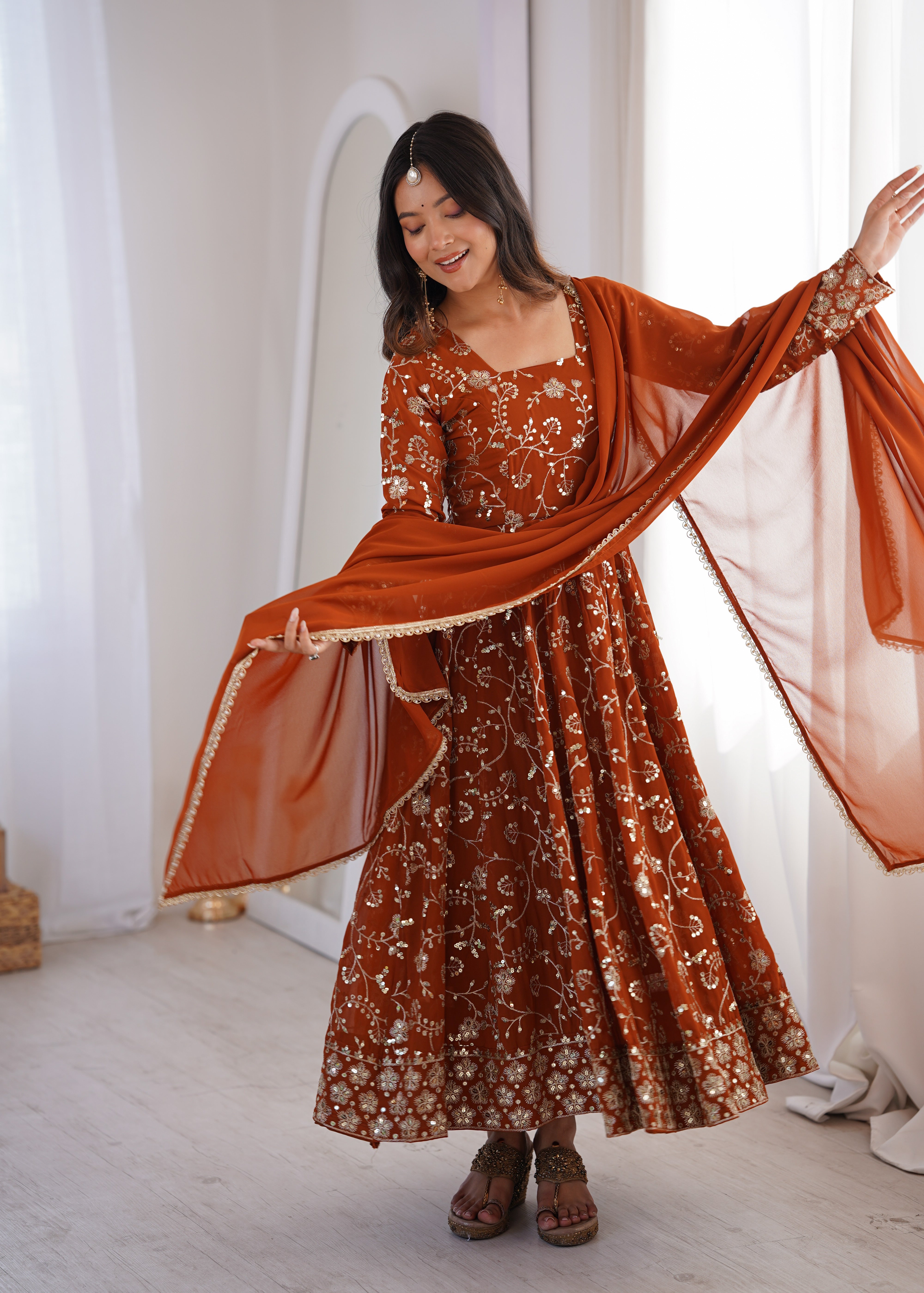 Womenline Rust Orange Embroidered Anarkali Gown with Dupatta