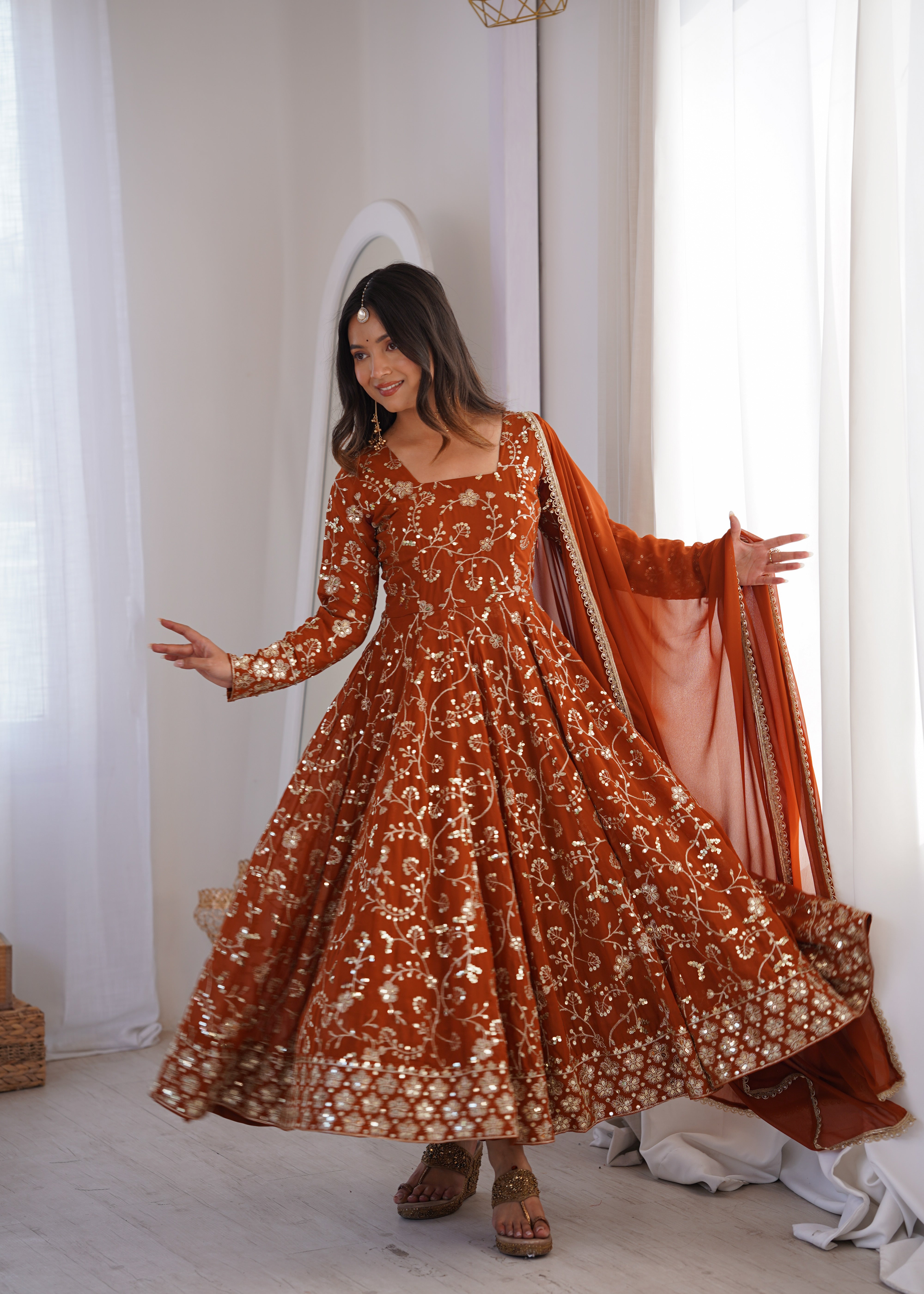 Womenline Rust Orange Embroidered Anarkali Gown with Dupatta