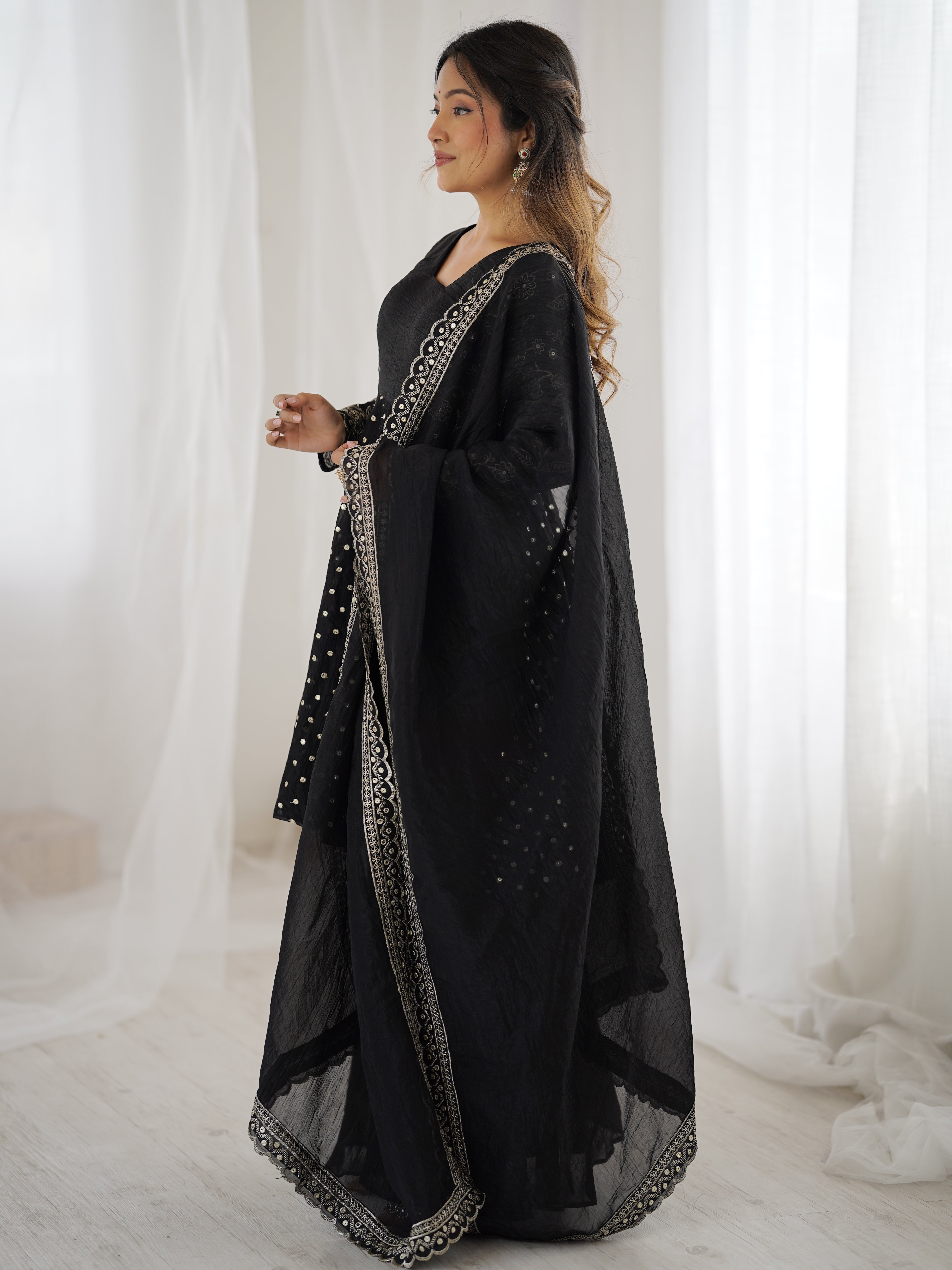 Womenline Midnight Glamour Designer Sharara Suit Set with Embroidered Dupatta