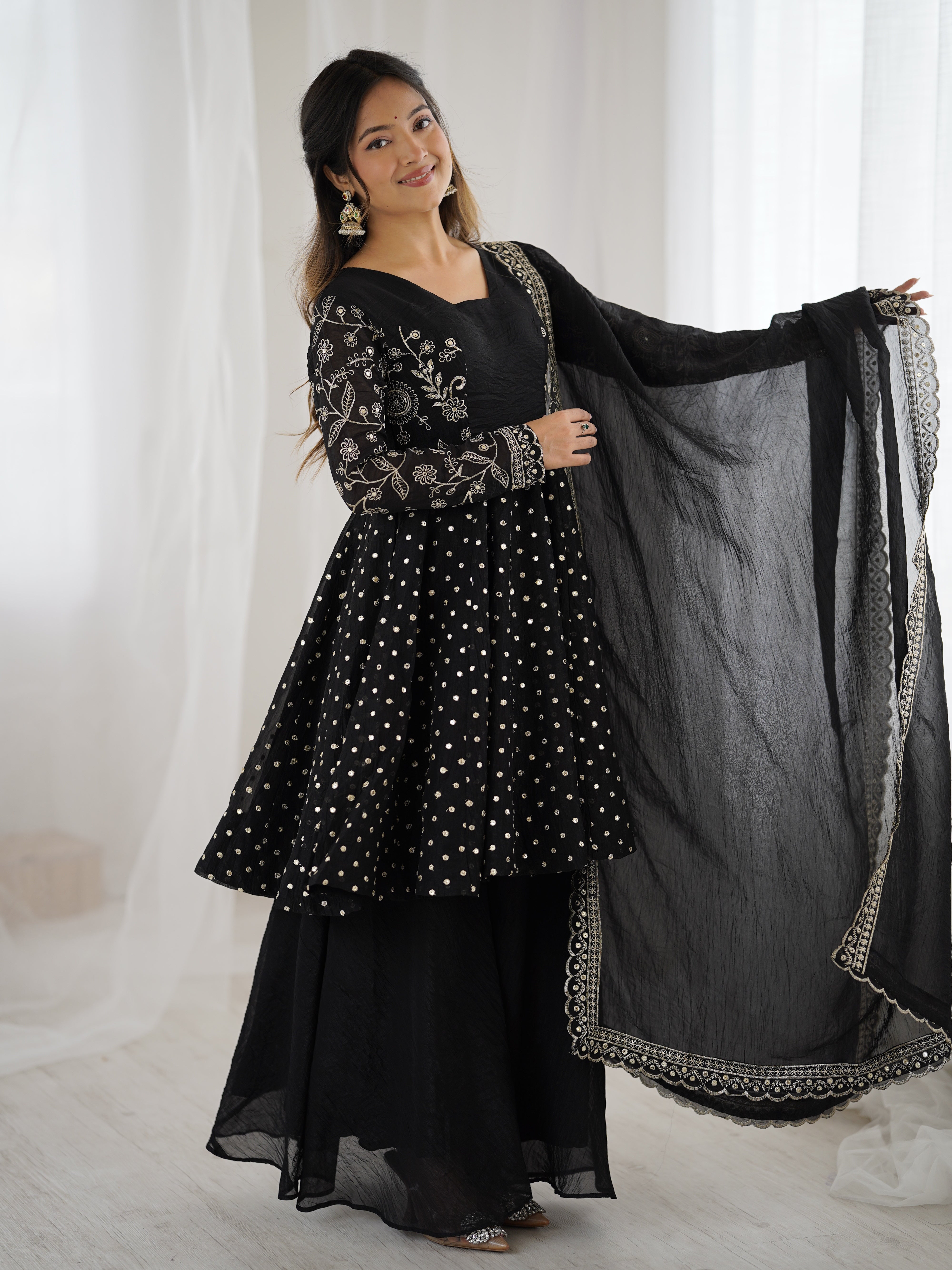 Womenline Midnight Glamour Designer Sharara Suit Set with Embroidered Dupatta