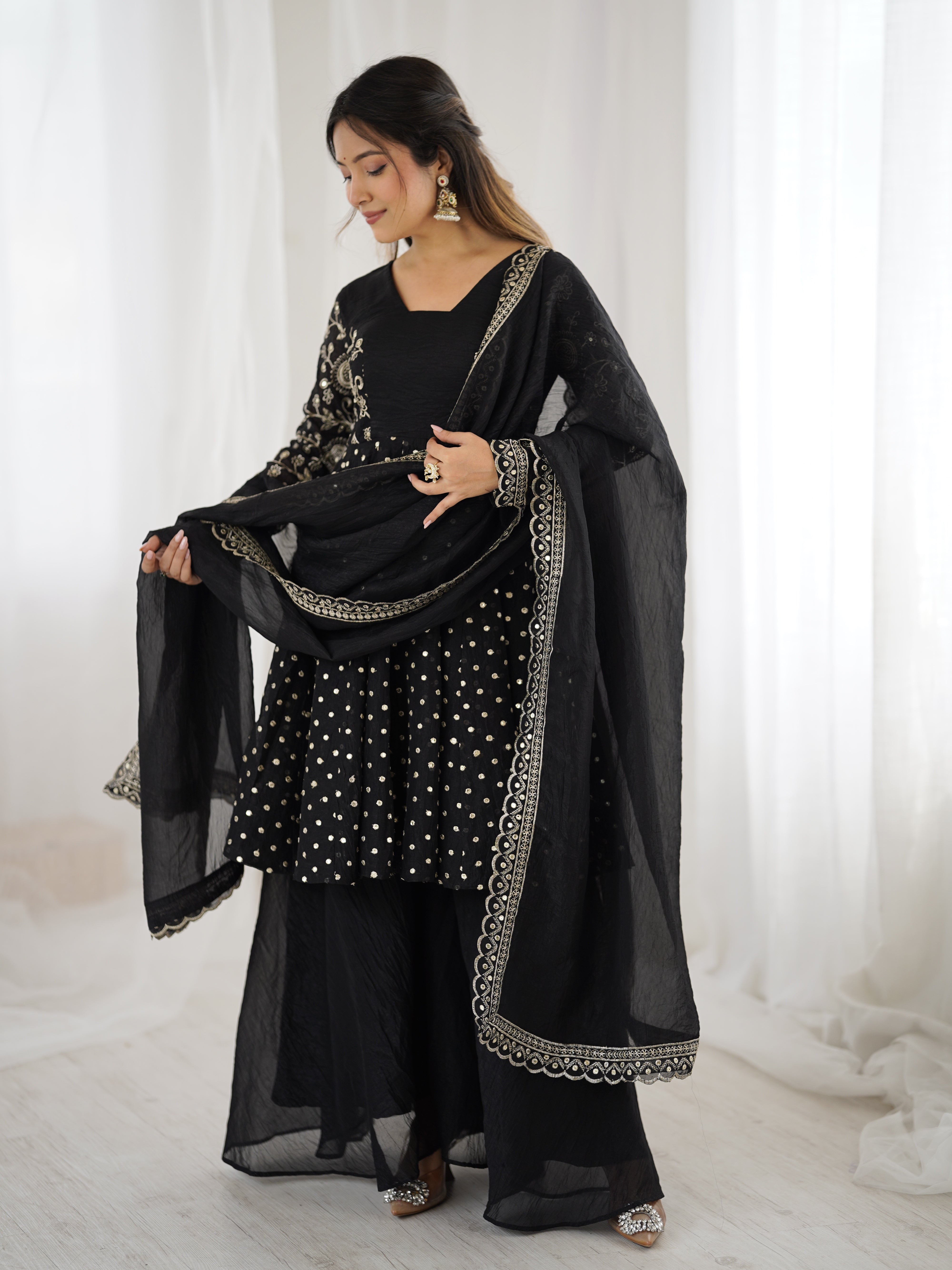 Womenline Midnight Glamour Designer Sharara Suit Set with Embroidered Dupatta