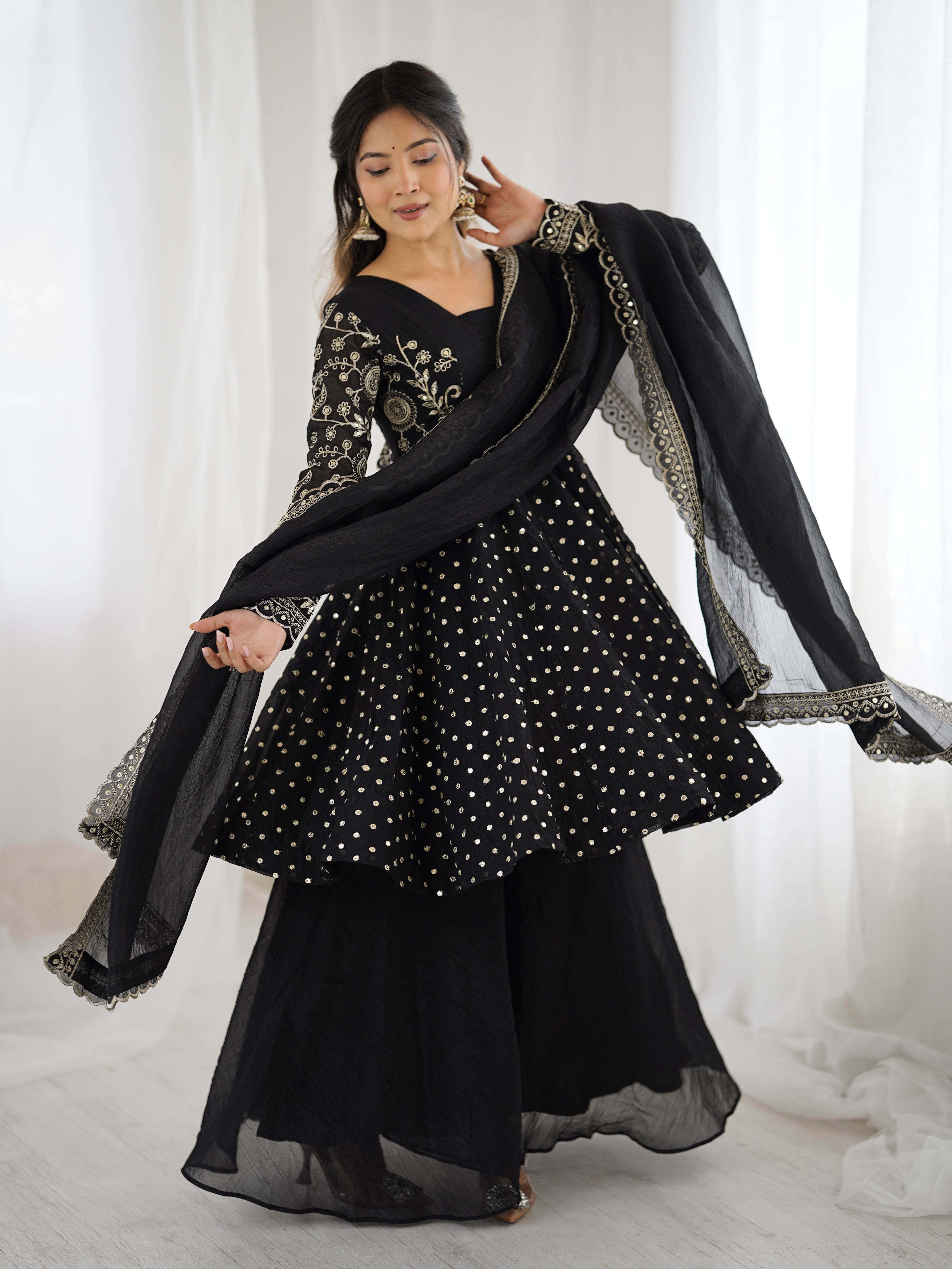 Womenline Midnight Glamour Designer Sharara Suit Set with Embroidered Dupatta