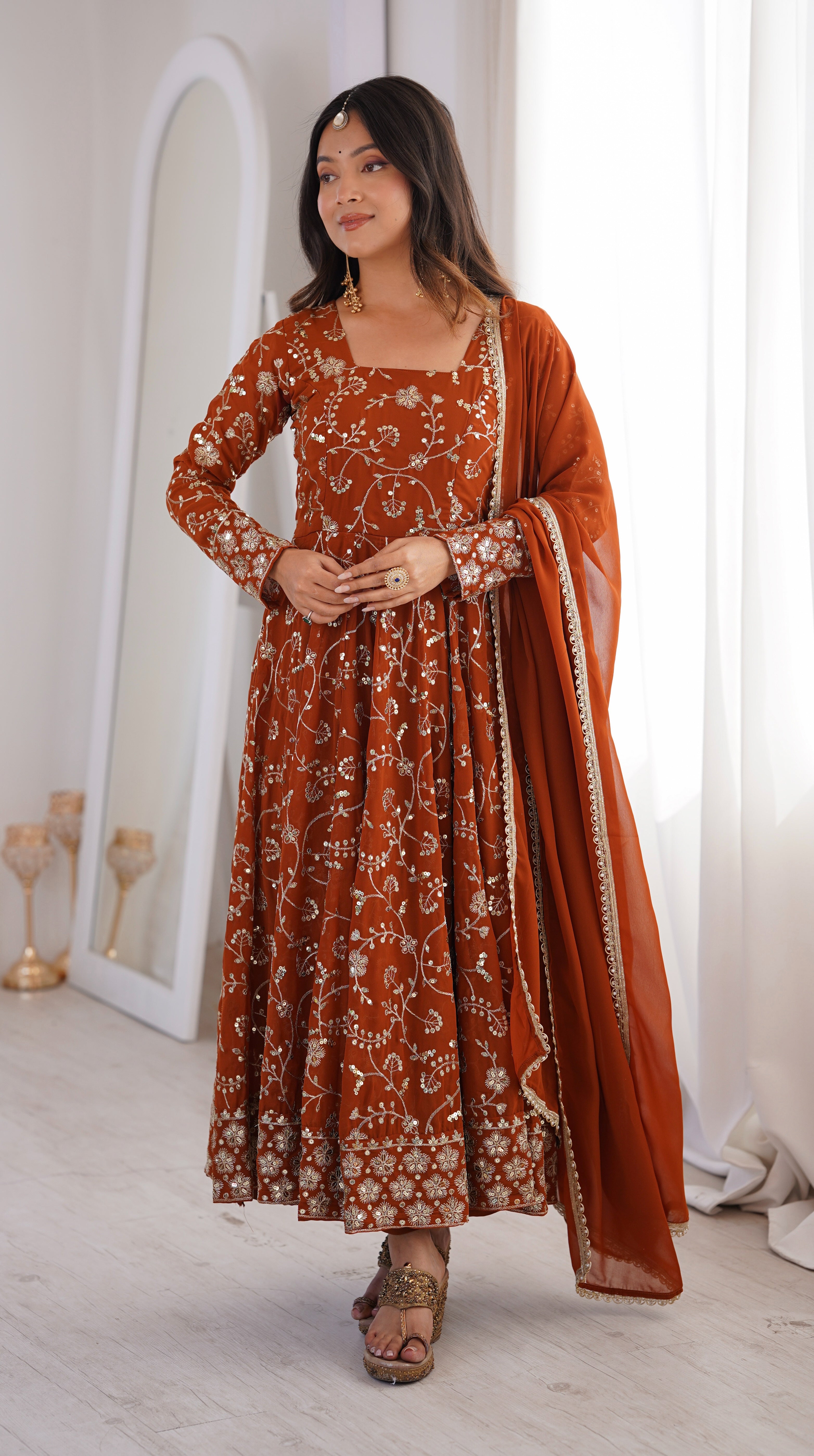 Womenline Rust Orange Embroidered Anarkali Gown with Dupatta