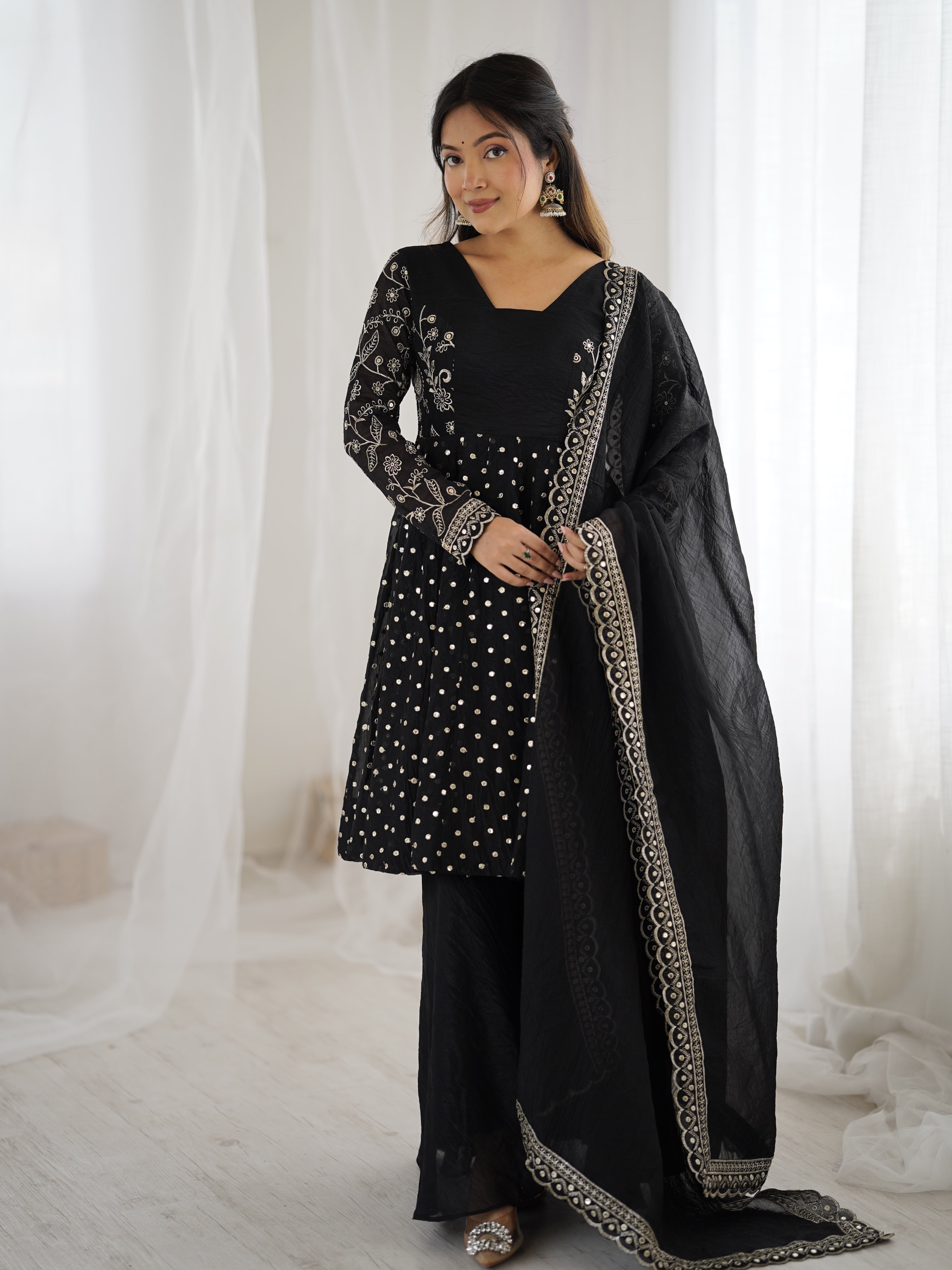 Womenline Midnight Glamour Designer Sharara Suit Set with Embroidered Dupatta