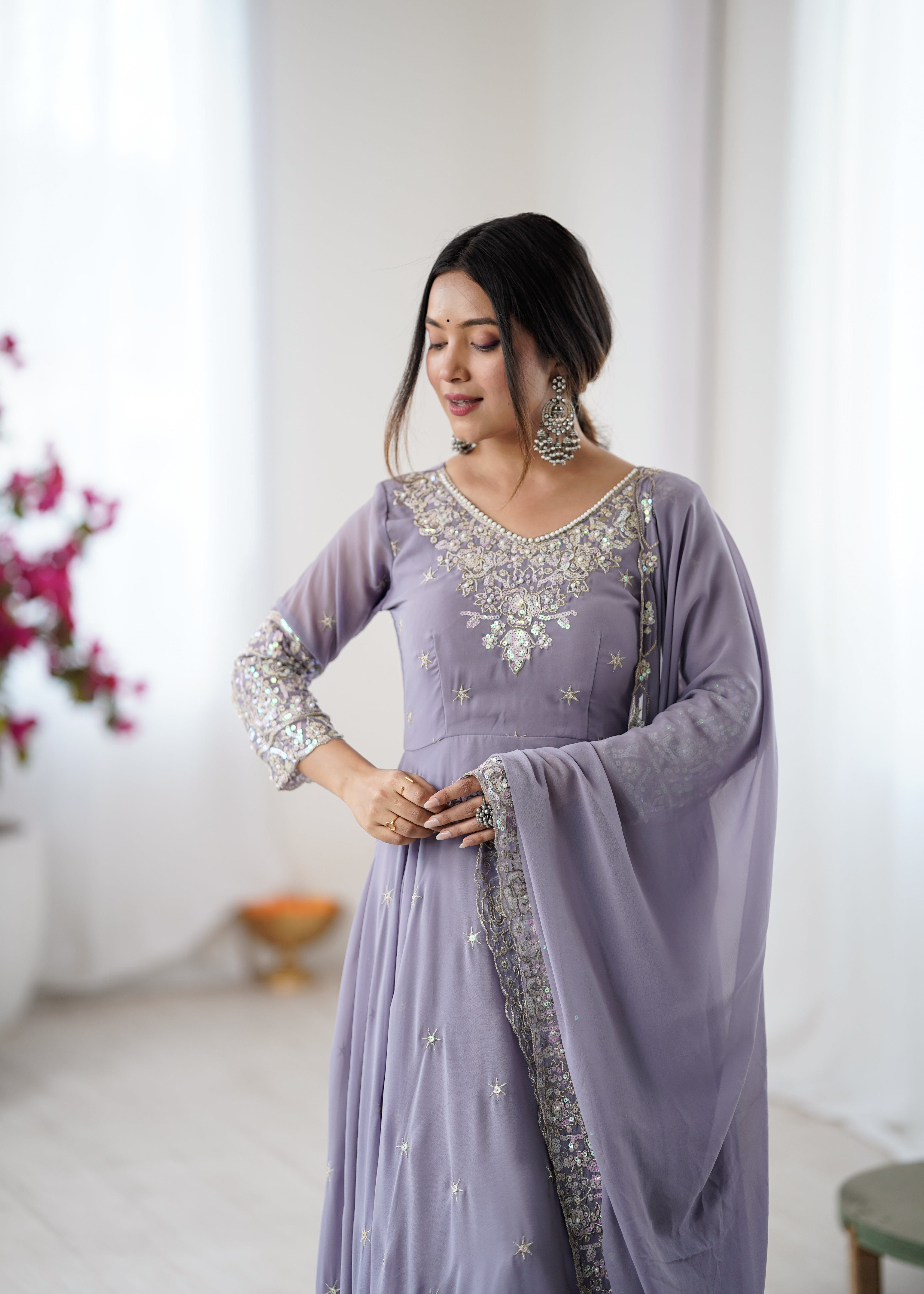 Womenline Lavender Embroidered Anarkali Suit Set with Sequined Dupatta