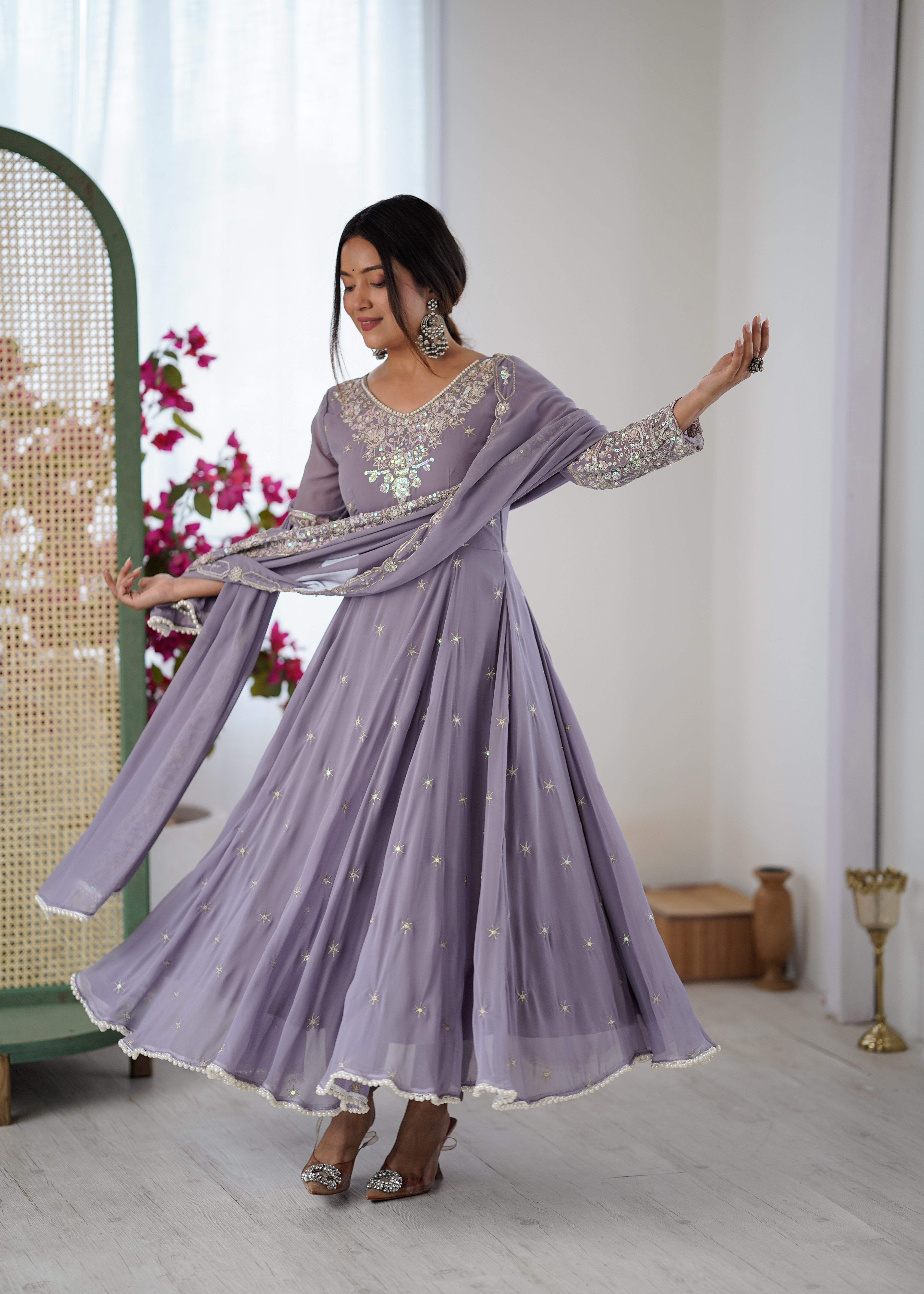 Womenline Lavender Embroidered Anarkali Suit Set with Sequined Dupatta