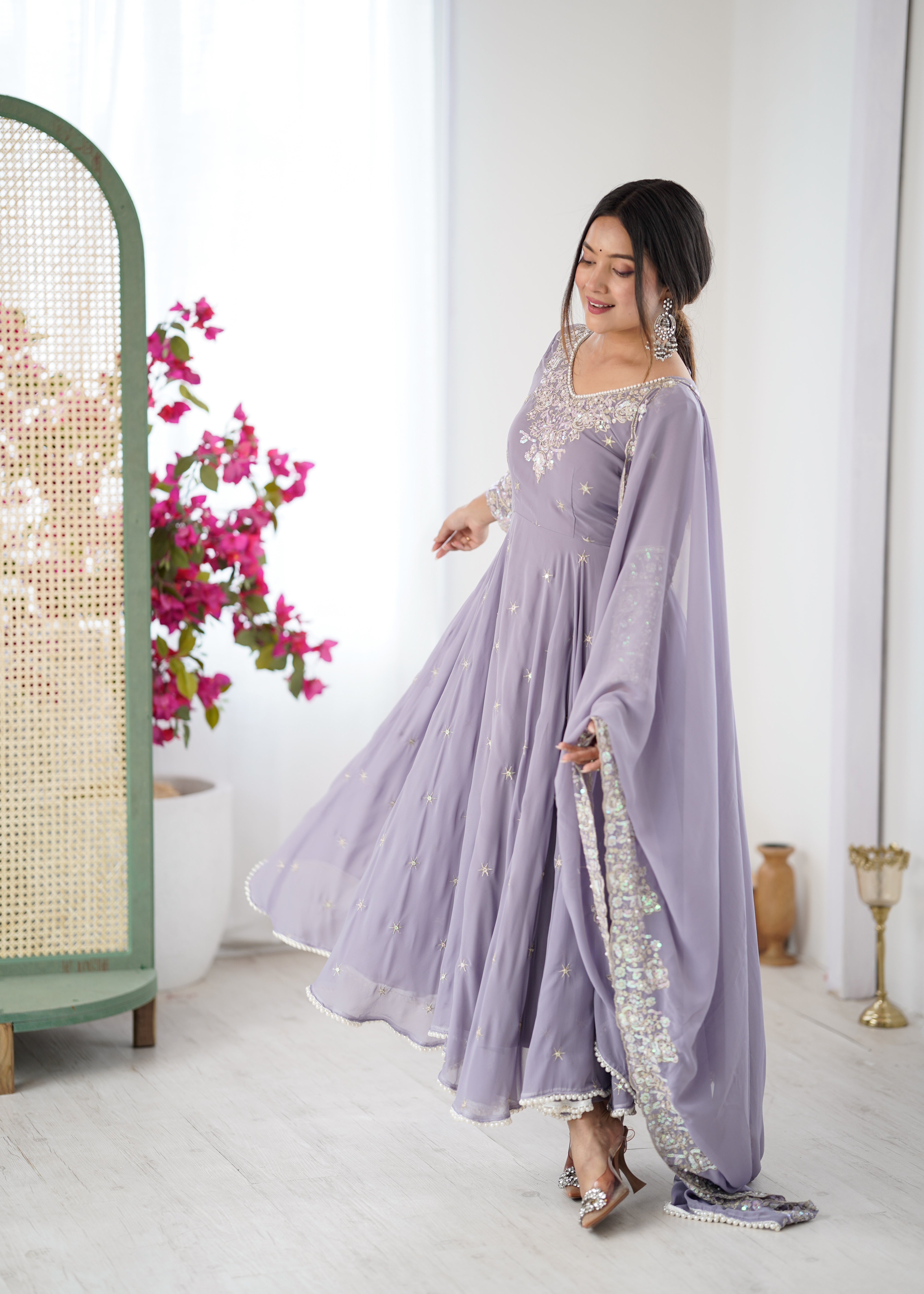 Womenline Lavender Embroidered Anarkali Suit Set with Sequined Dupatta