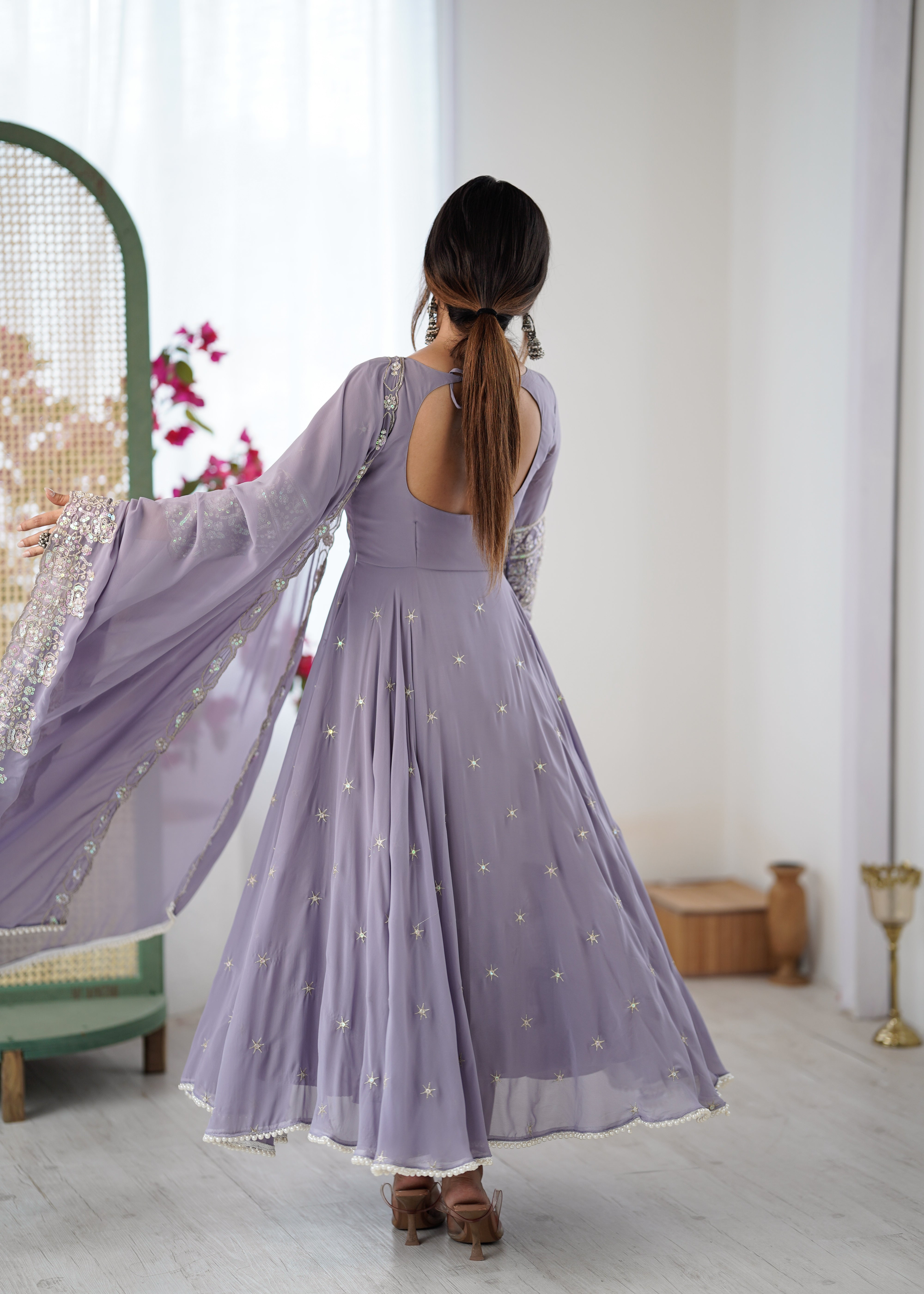 Womenline Lavender Embroidered Anarkali Suit Set with Sequined Dupatta