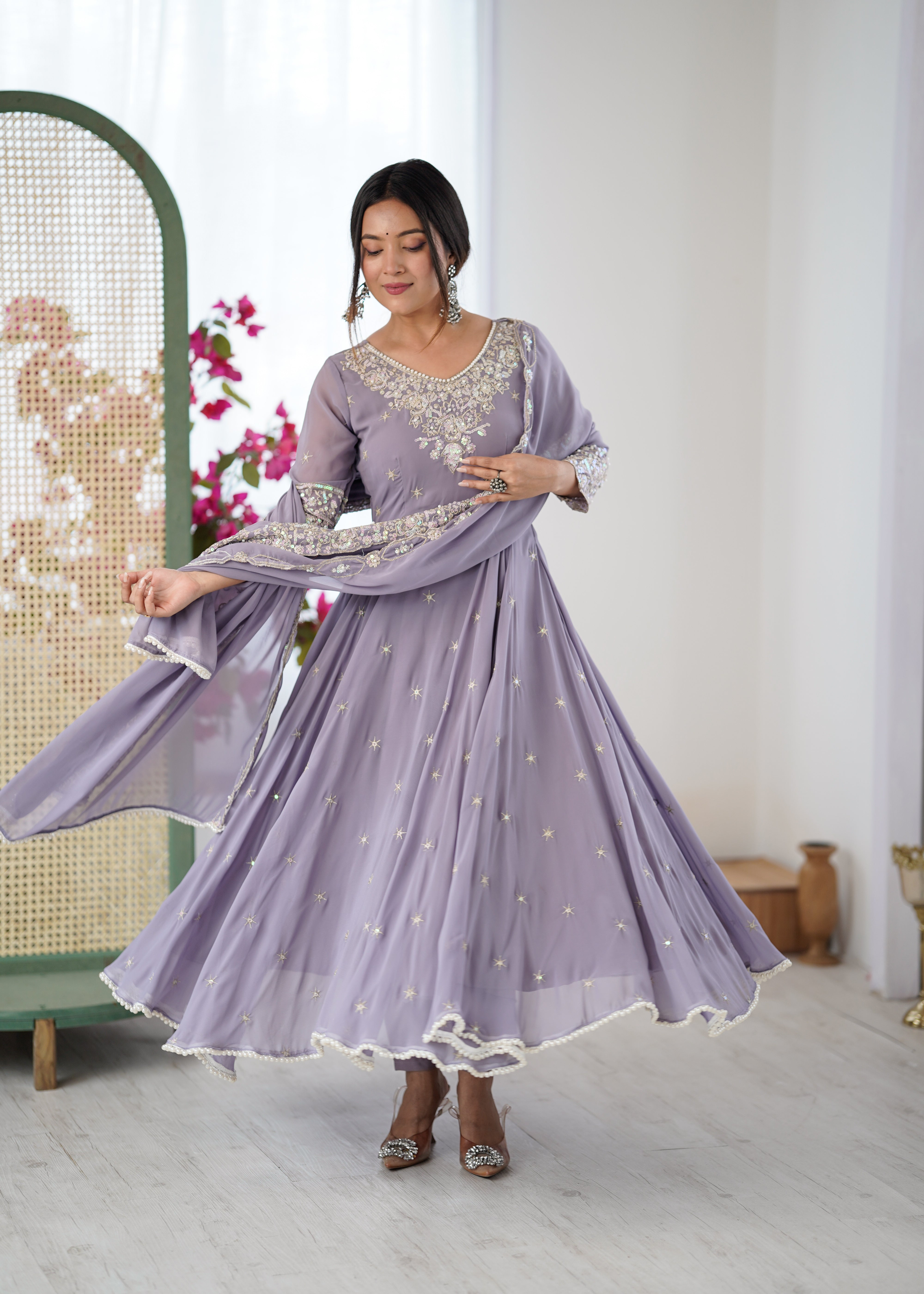 Womenline Lavender Embroidered Anarkali Suit Set with Sequined Dupatta