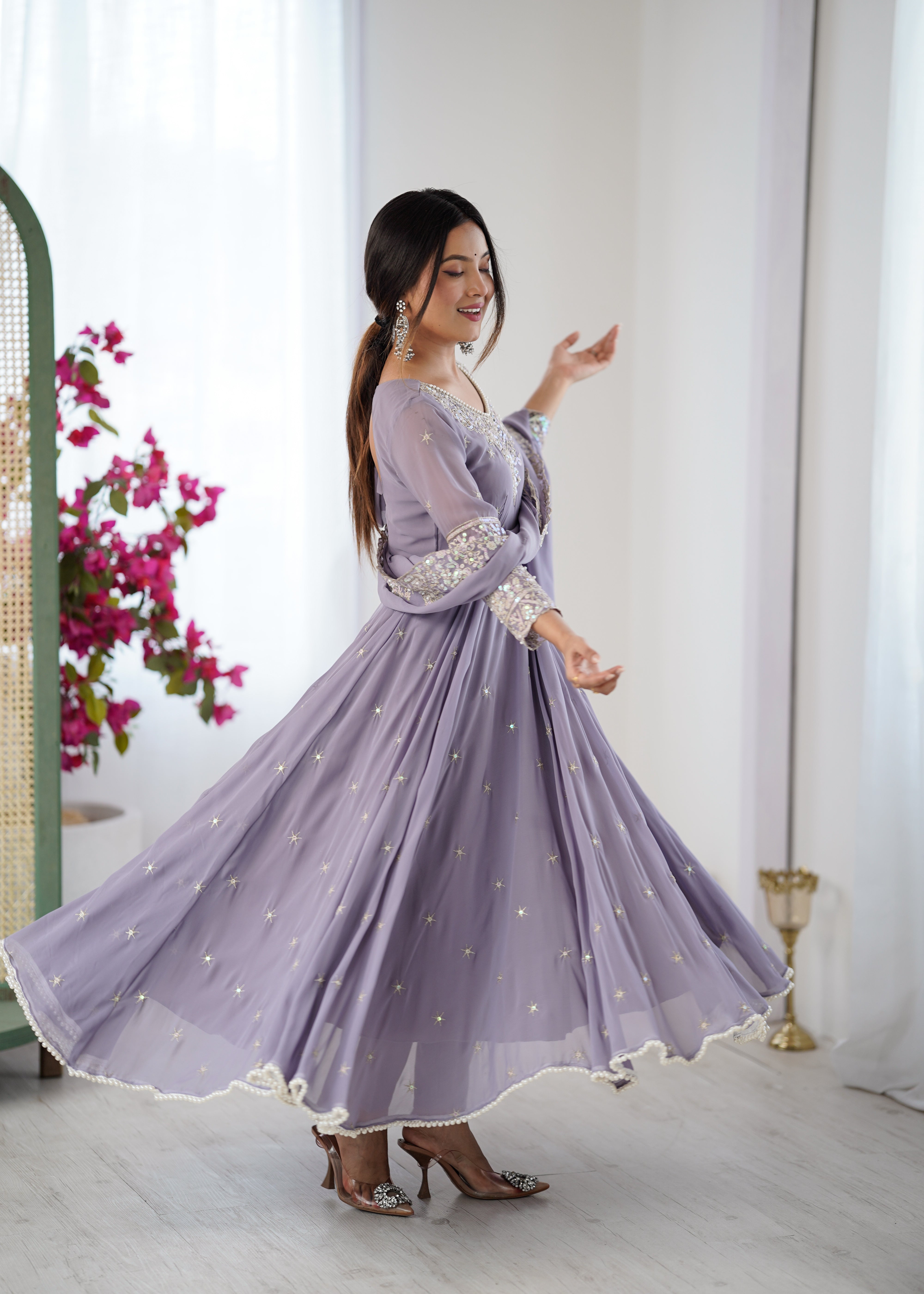 Womenline Lavender Embroidered Anarkali Suit Set with Sequined Dupatta