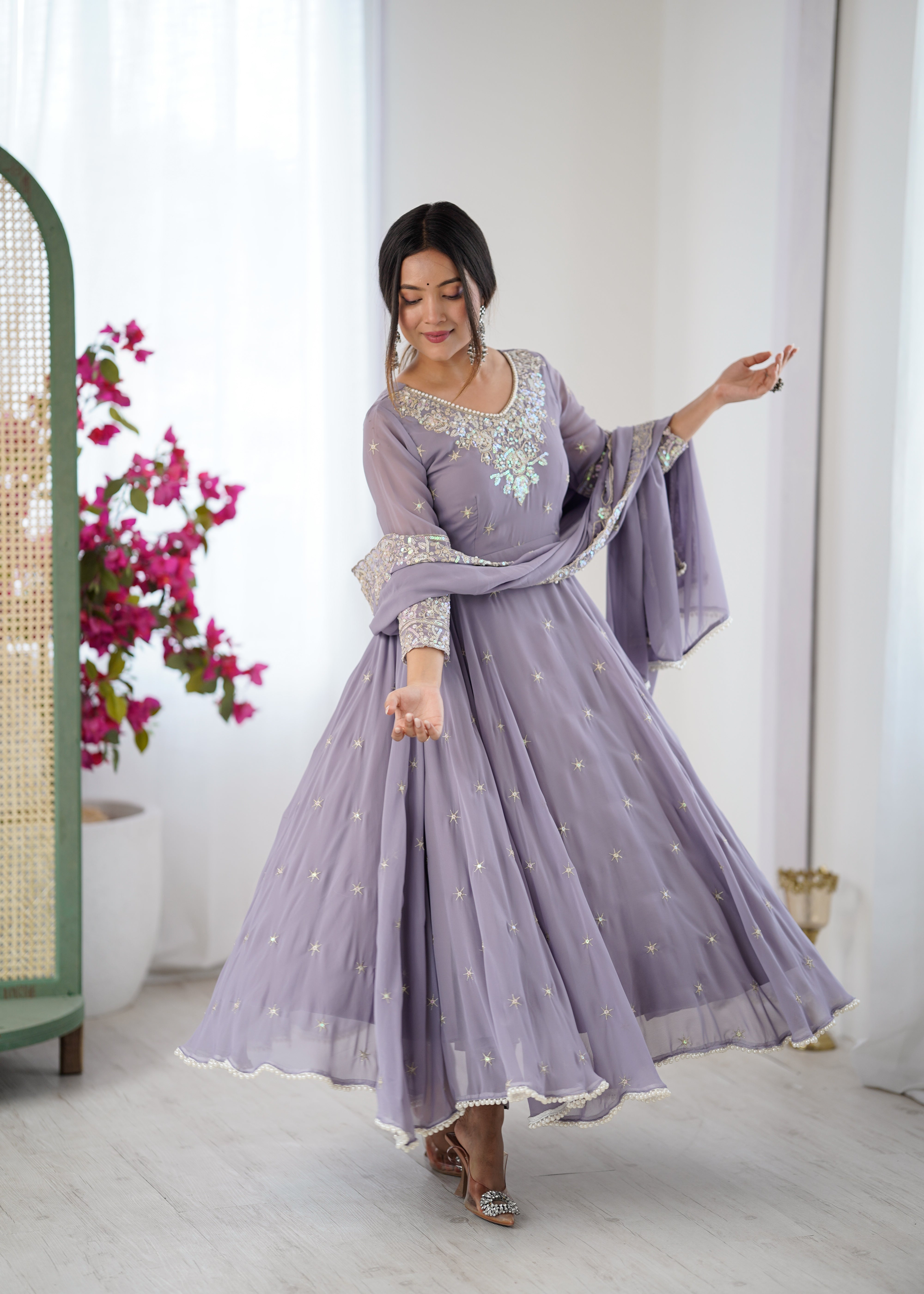 Womenline Lavender Embroidered Anarkali Suit Set with Sequined Dupatta