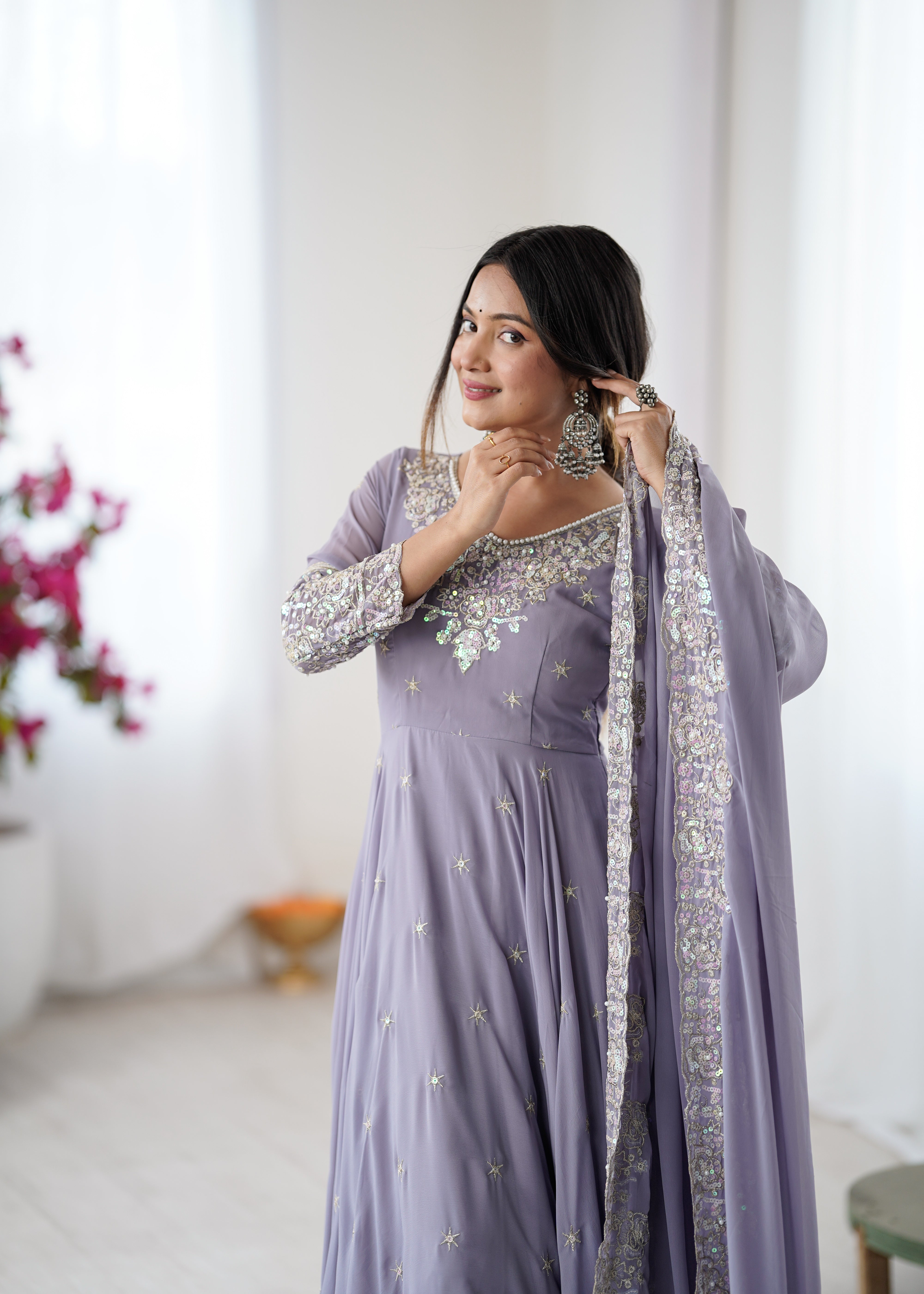 Womenline Lavender Embroidered Anarkali Suit Set with Sequined Dupatta