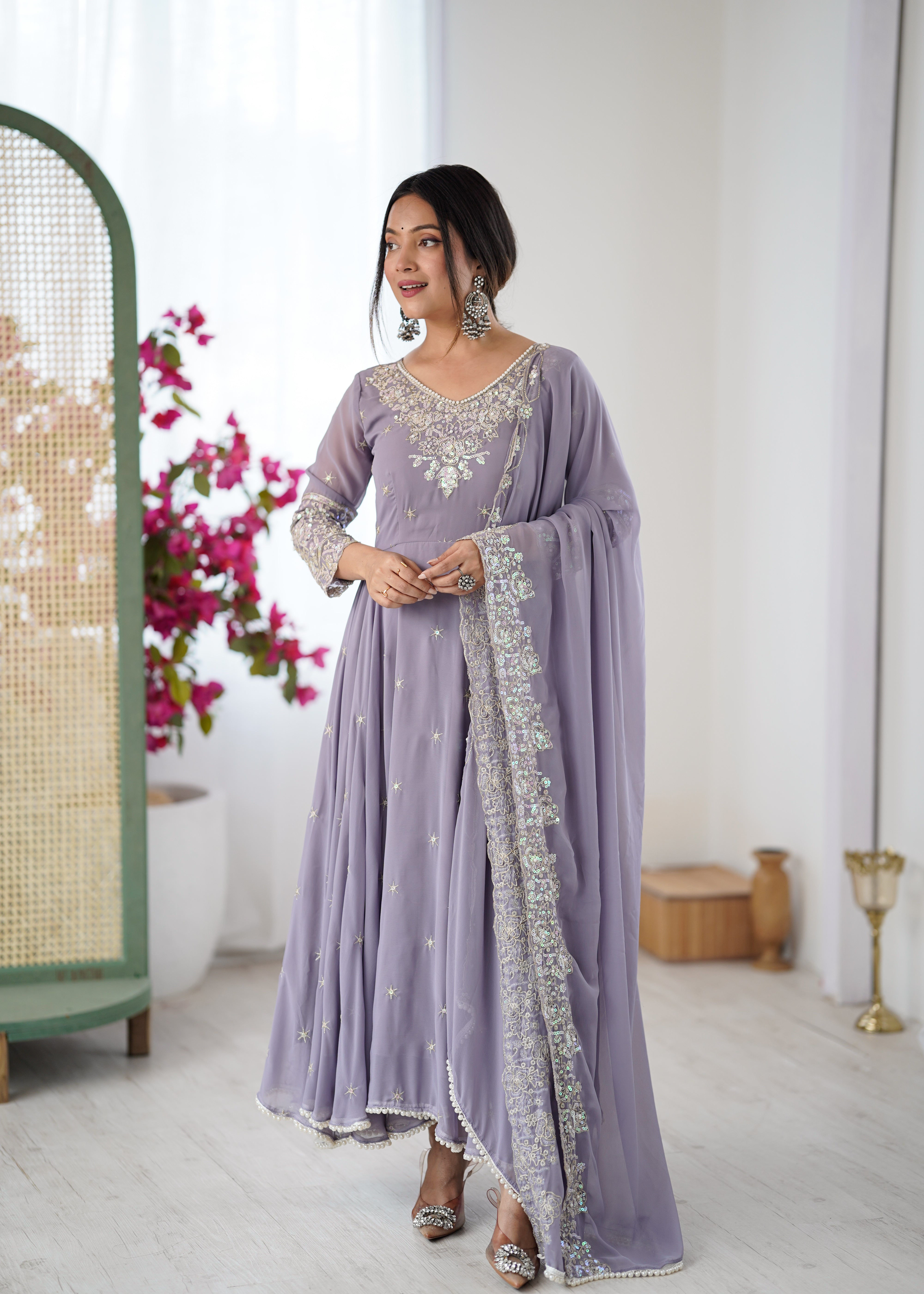 Womenline Lavender Embroidered Anarkali Suit Set with Sequined Dupatta