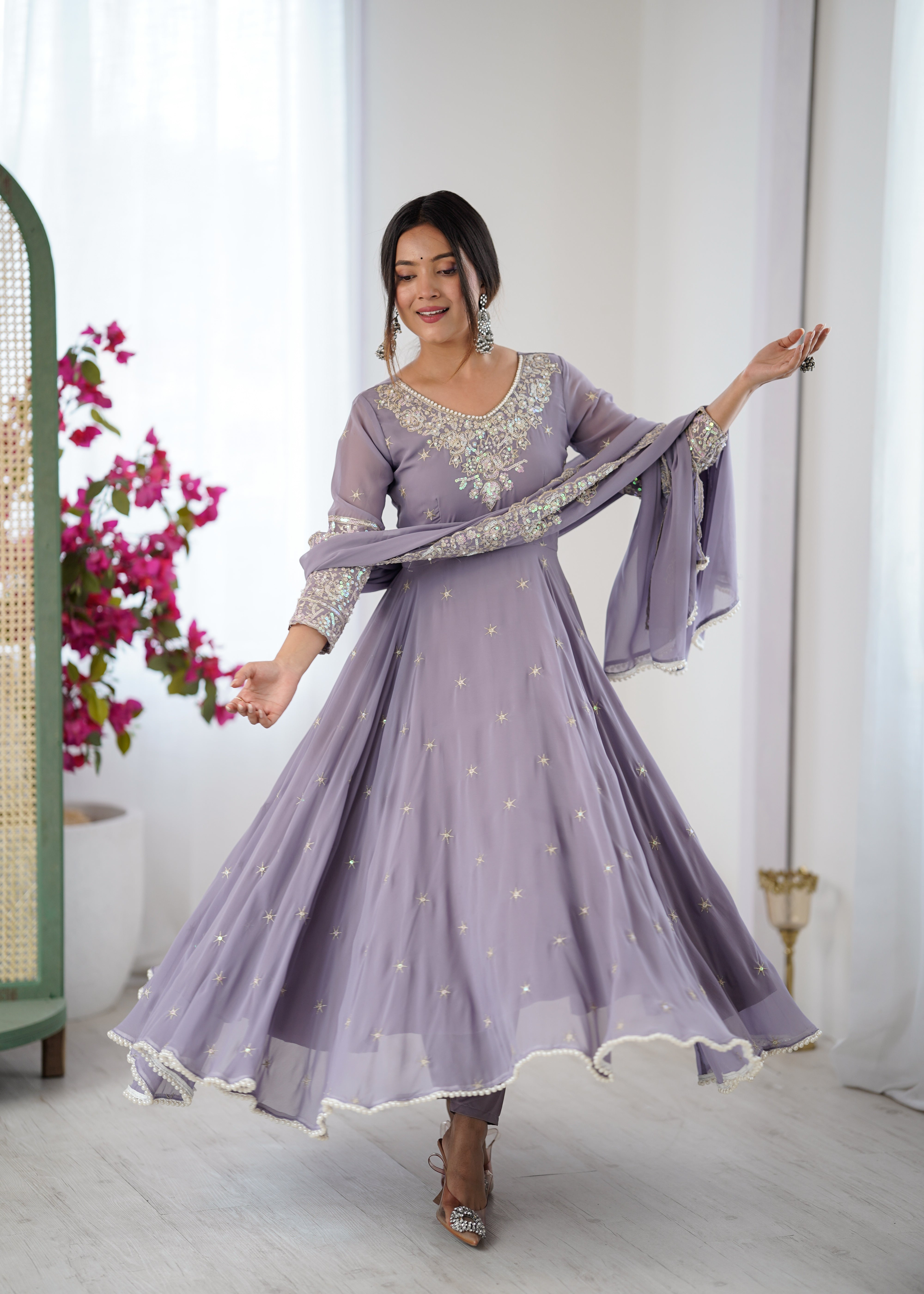 Womenline Lavender Embroidered Anarkali Suit Set with Sequined Dupatta