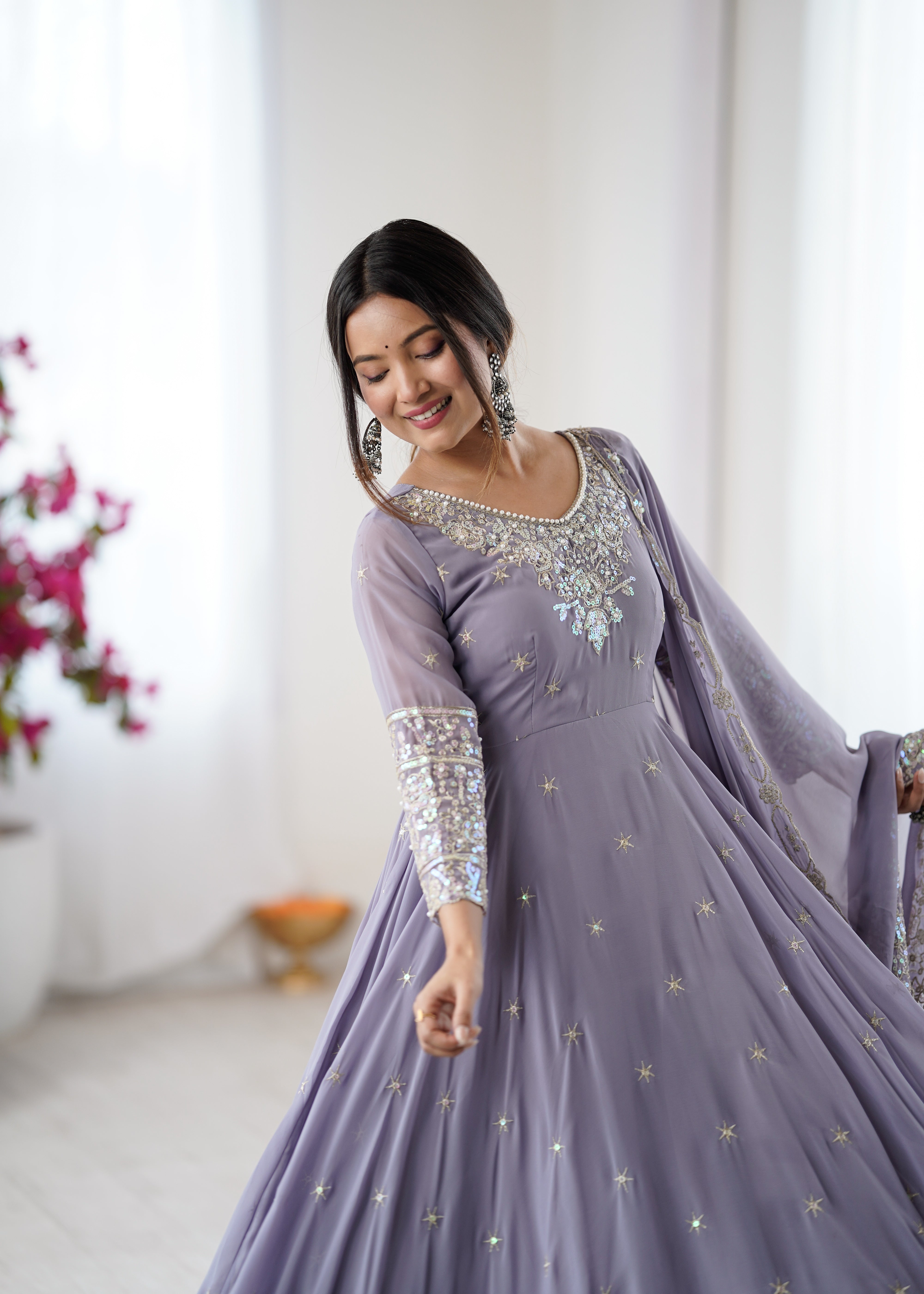 Womenline Lavender Embroidered Anarkali Suit Set with Sequined Dupatta