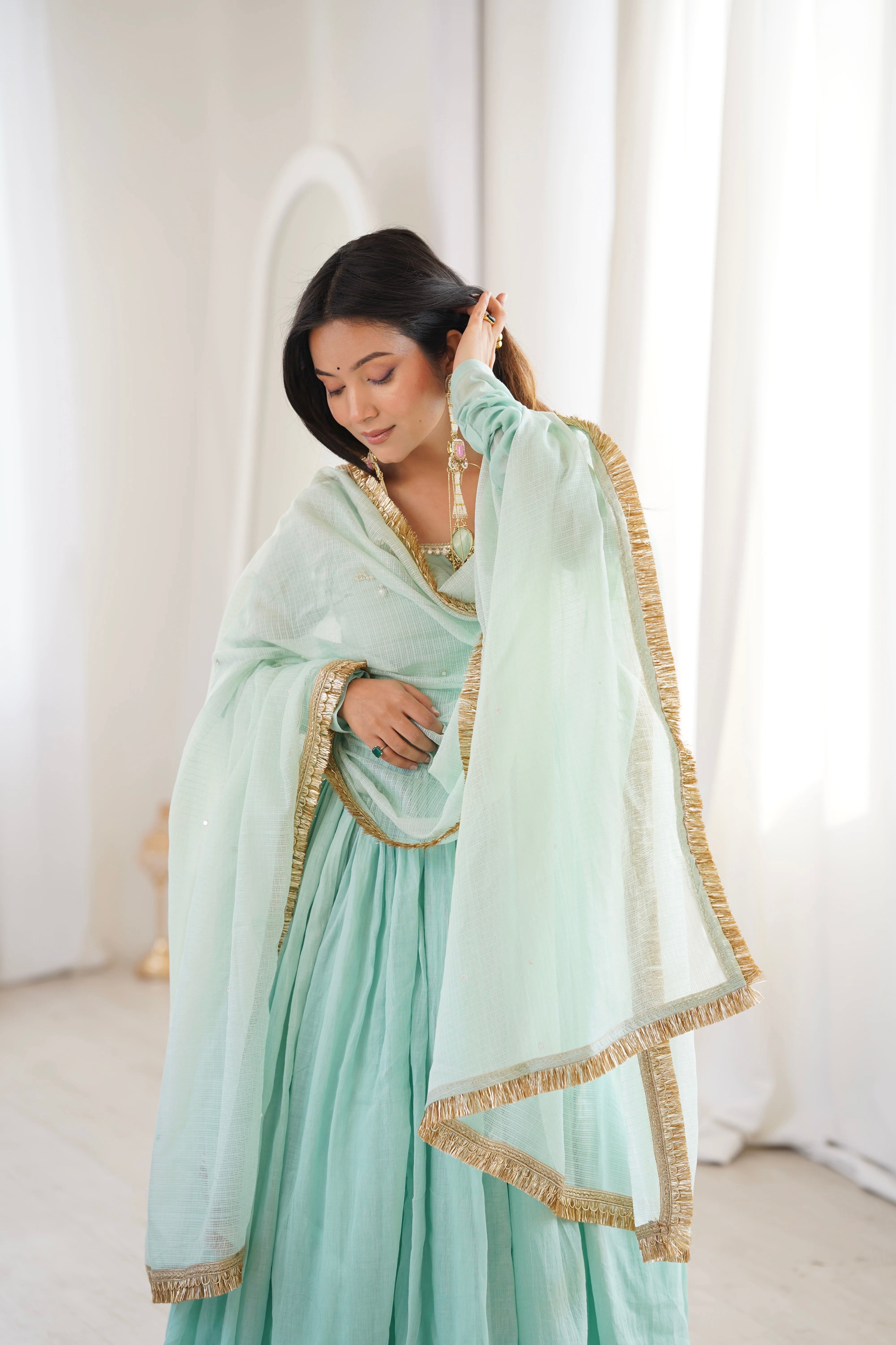 Womenline Mint Green Embroidered Anarkali Suit Set with Gold Border Dupatta