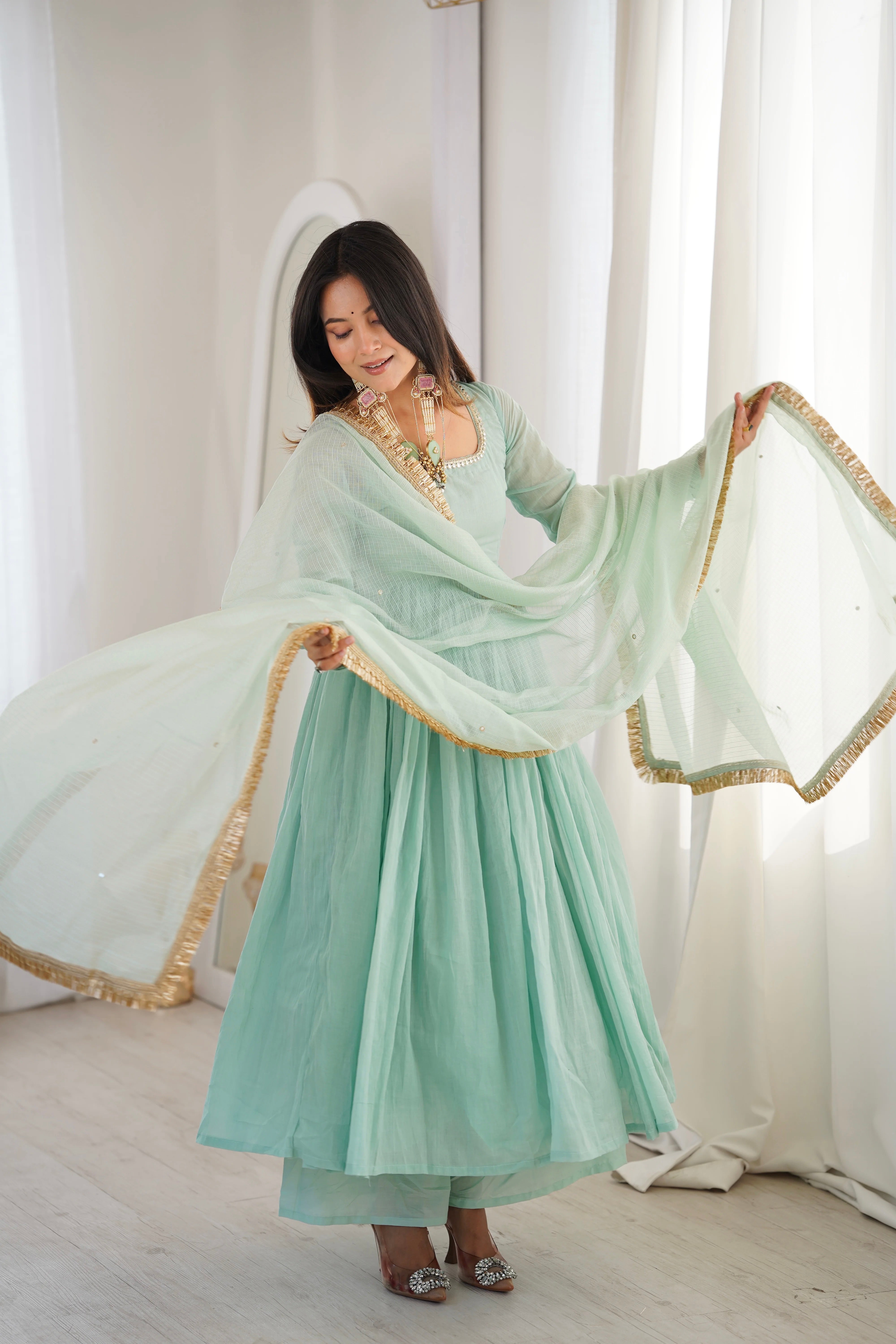 Womenline Mint Green Embroidered Anarkali Suit Set with Gold Border Dupatta