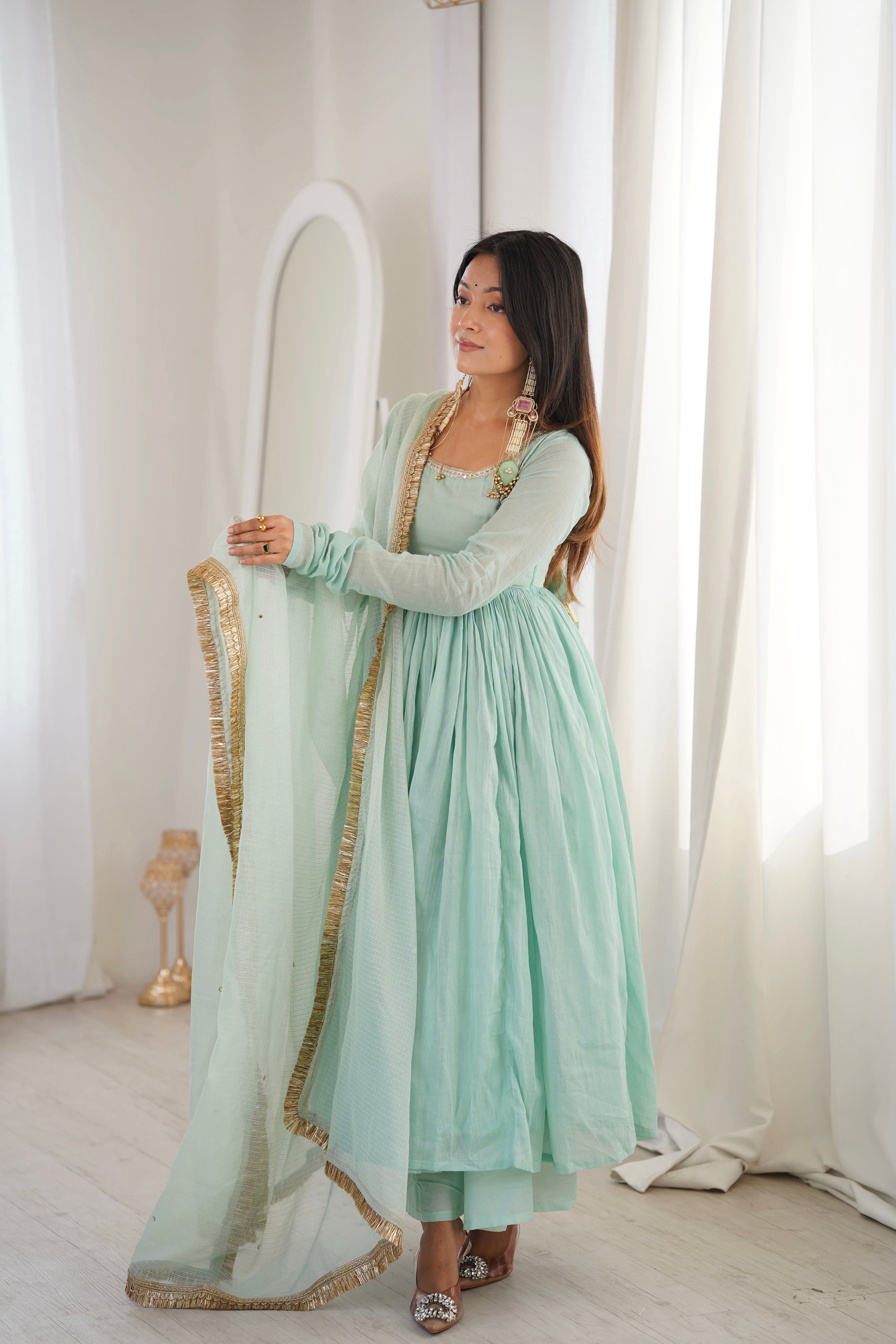 Womenline Mint Green Embroidered Anarkali Suit Set with Gold Border Dupatta