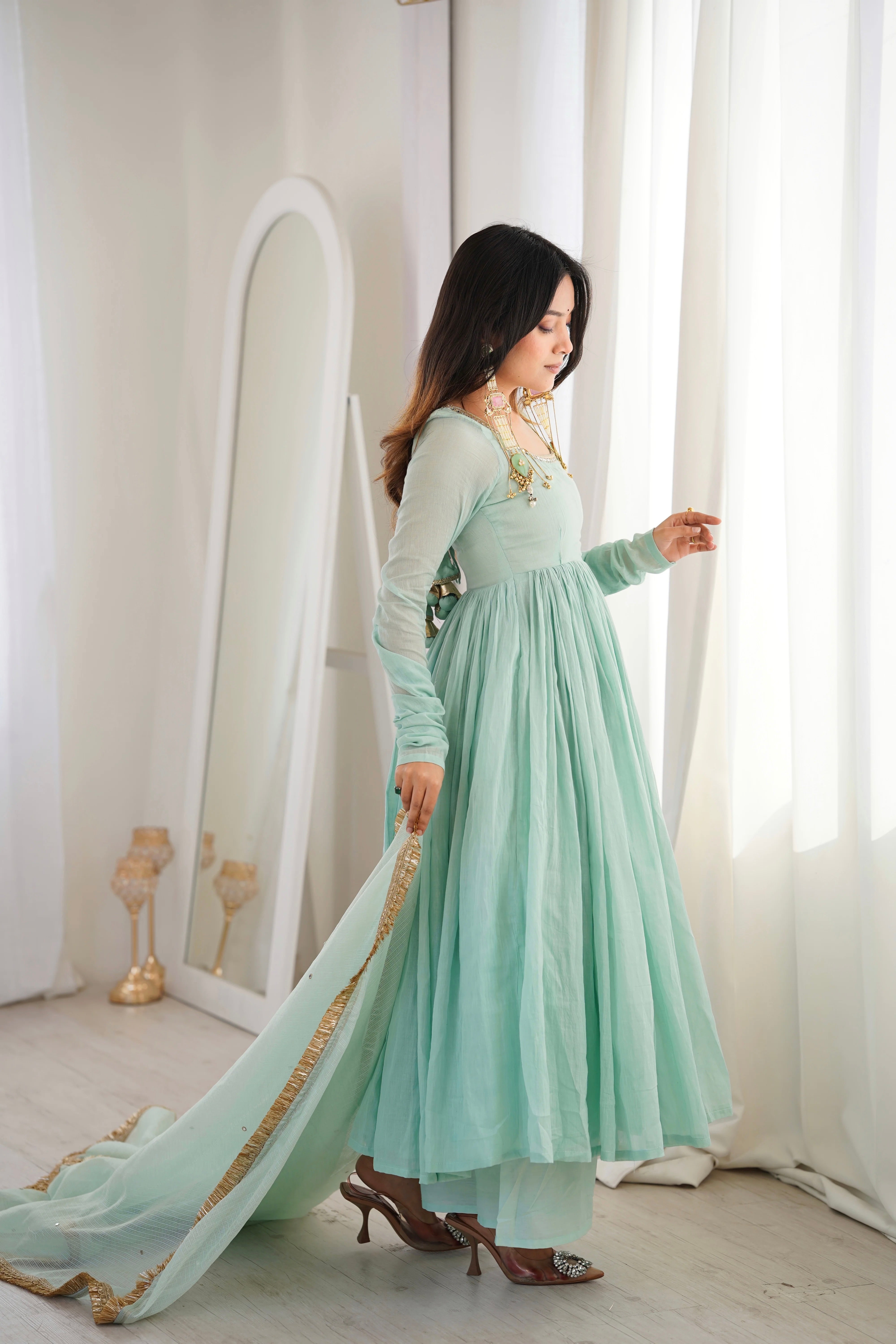 Womenline Mint Green Embroidered Anarkali Suit Set with Gold Border Dupatta