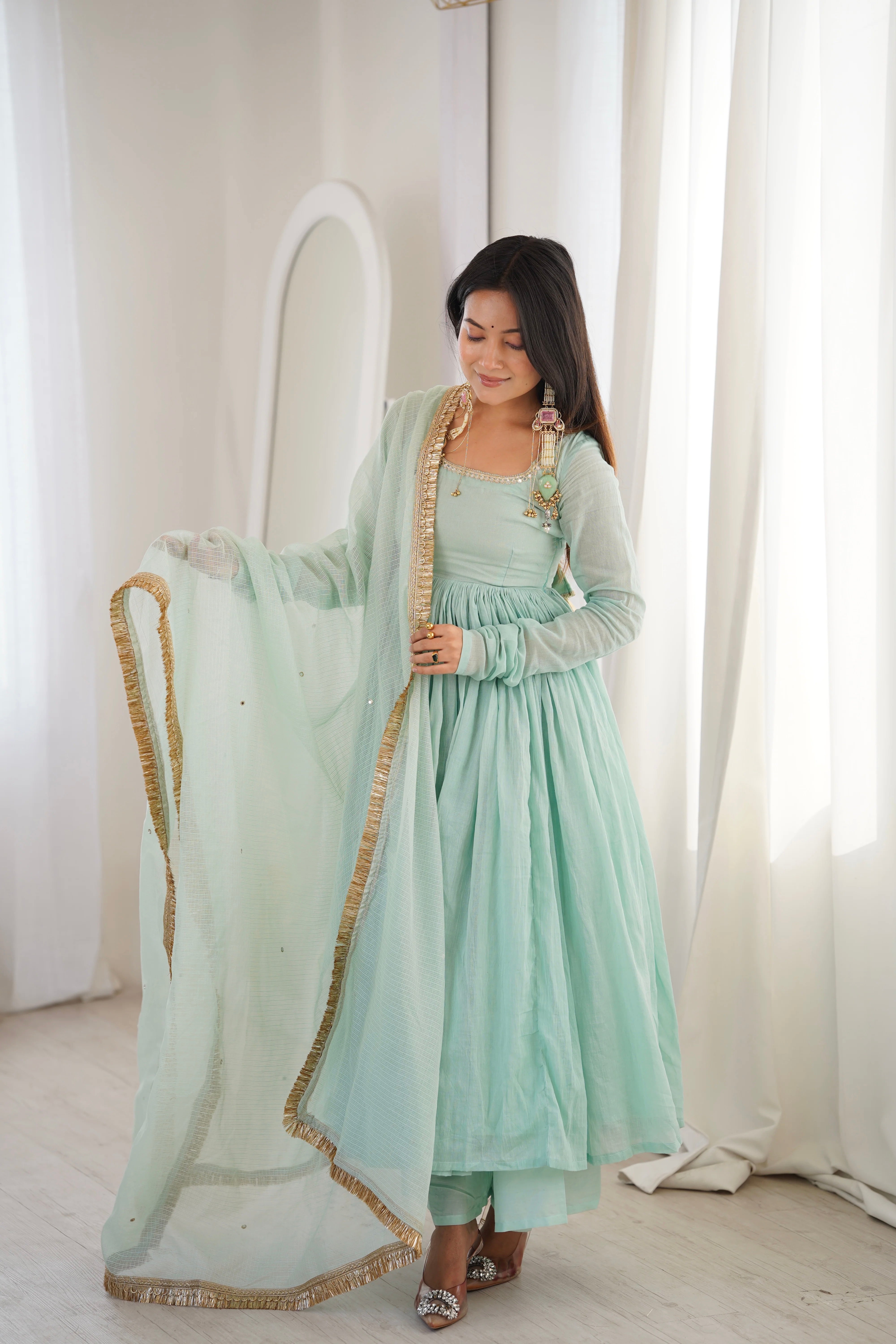 Womenline Mint Green Embroidered Anarkali Suit Set with Gold Border Dupatta
