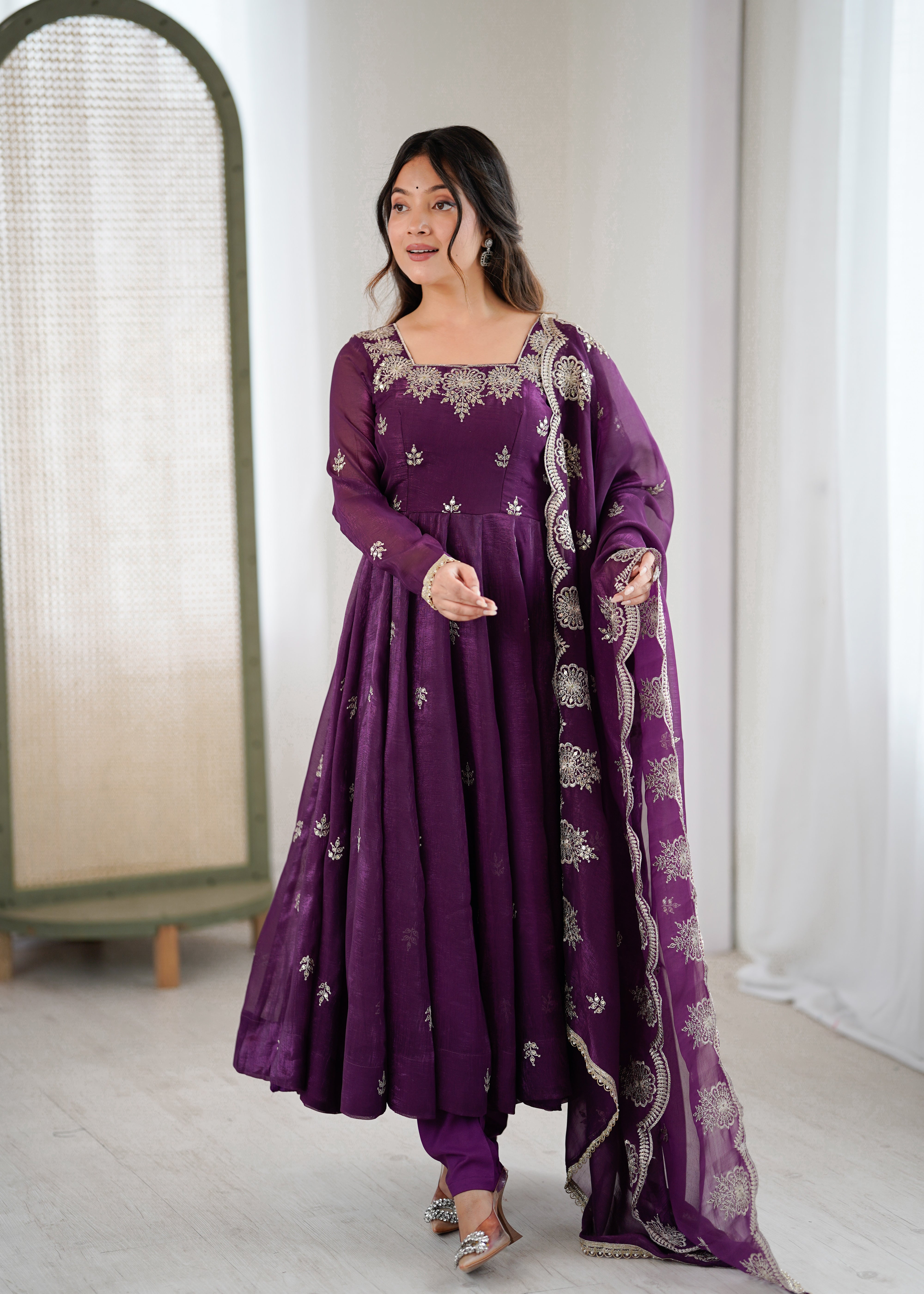 Womenline Royal Purple Embroidered Anarkali Suit Set with Scalloped Dupatta