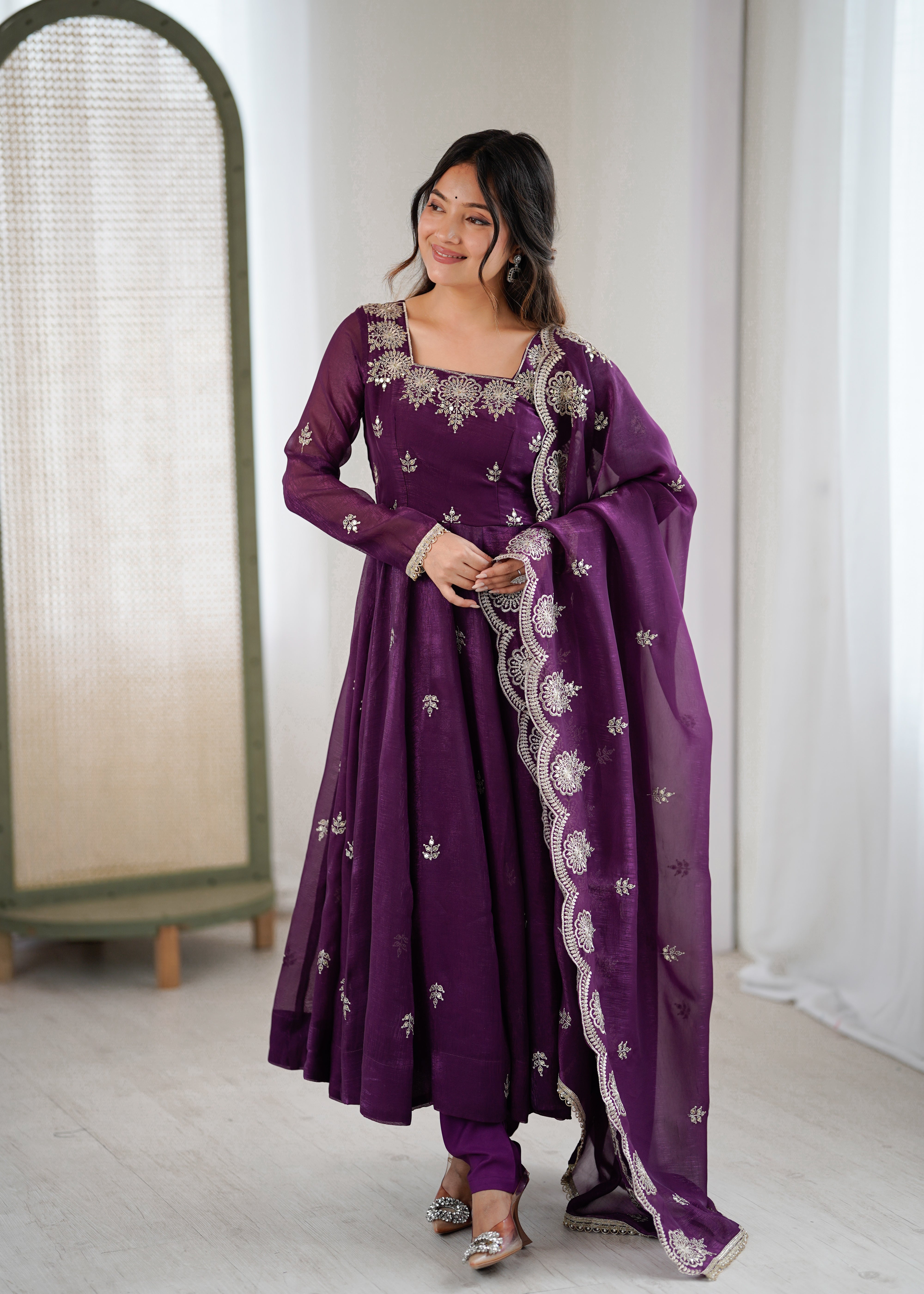 Womenline Royal Purple Embroidered Anarkali Suit Set with Scalloped Dupatta