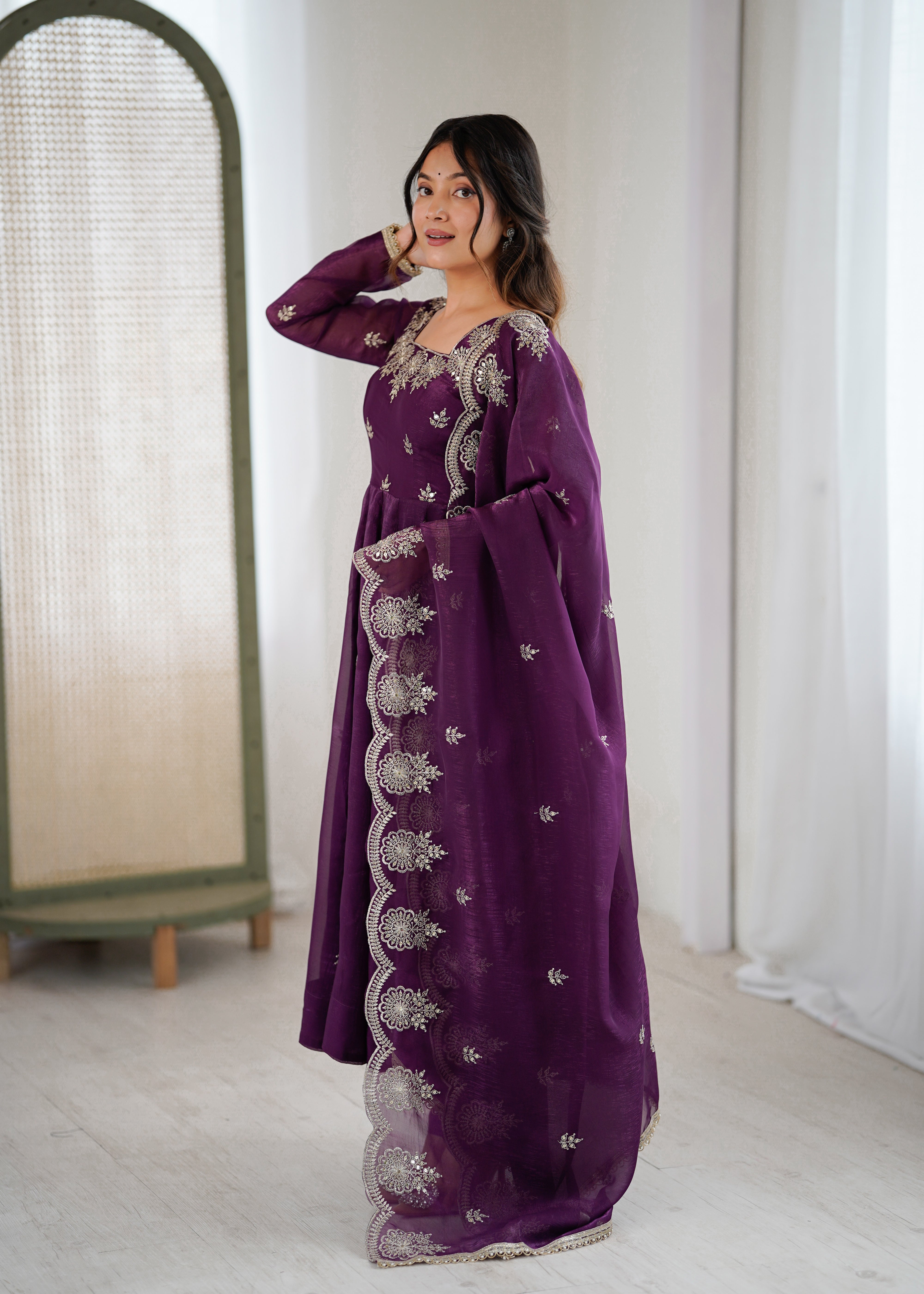 Womenline Royal Purple Embroidered Anarkali Suit Set with Scalloped Dupatta