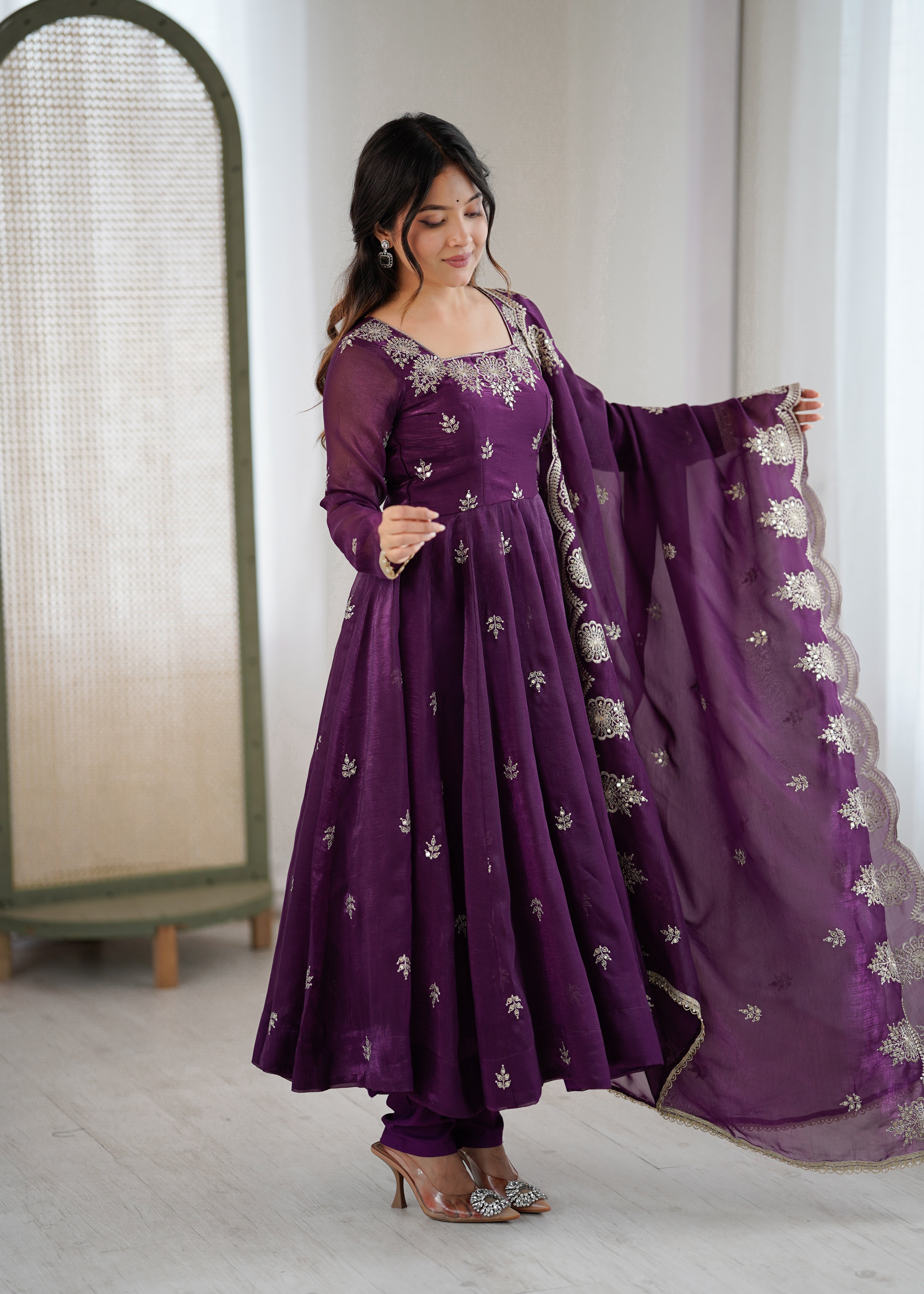 Womenline Royal Purple Embroidered Anarkali Suit Set with Scalloped Dupatta
