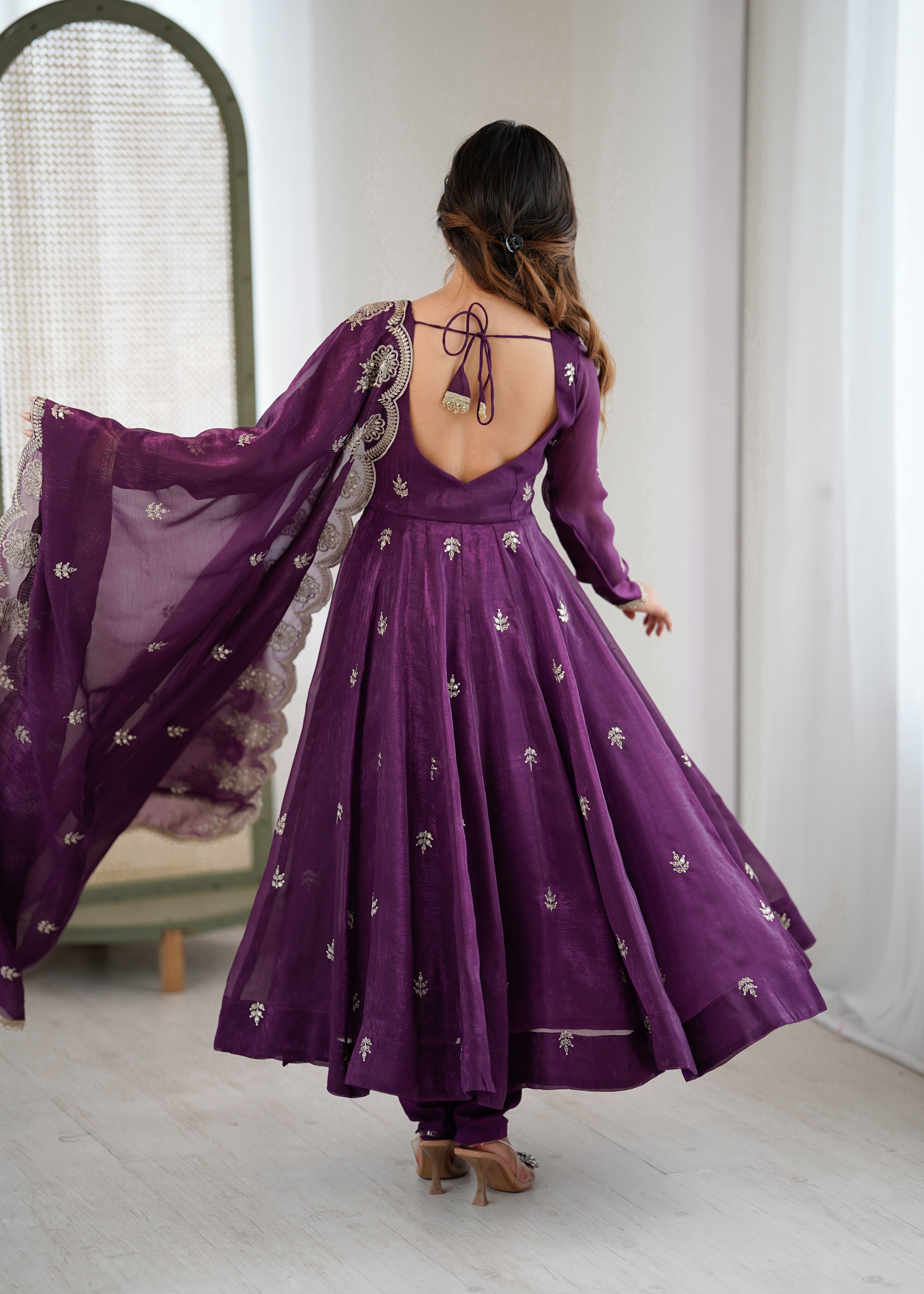 Womenline Royal Purple Embroidered Anarkali Suit Set with Scalloped Dupatta