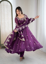 Womenline Royal Purple Embroidered Anarkali Suit Set with Scalloped Dupatta