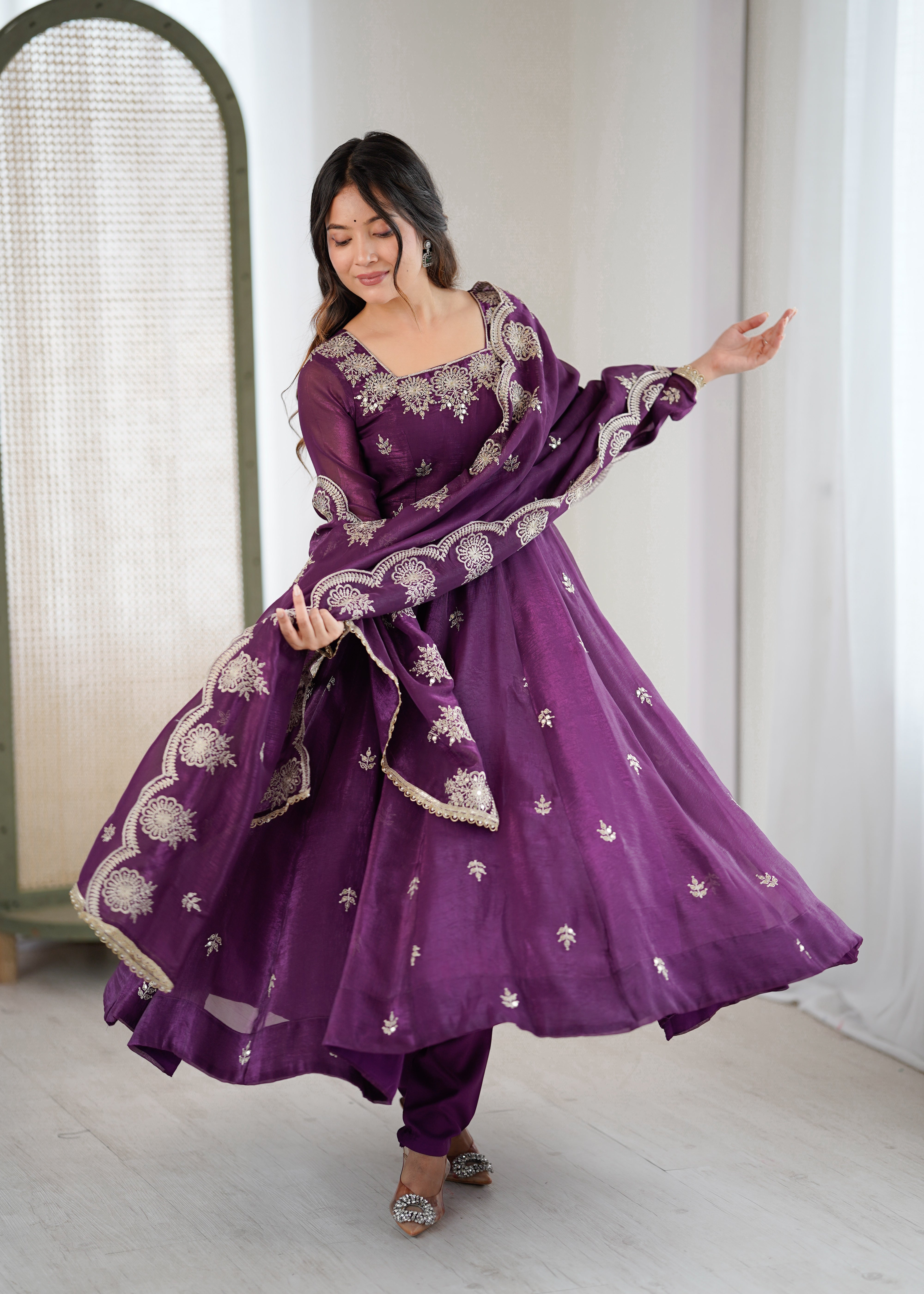 Womenline Royal Purple Embroidered Anarkali Suit Set with Scalloped Dupatta
