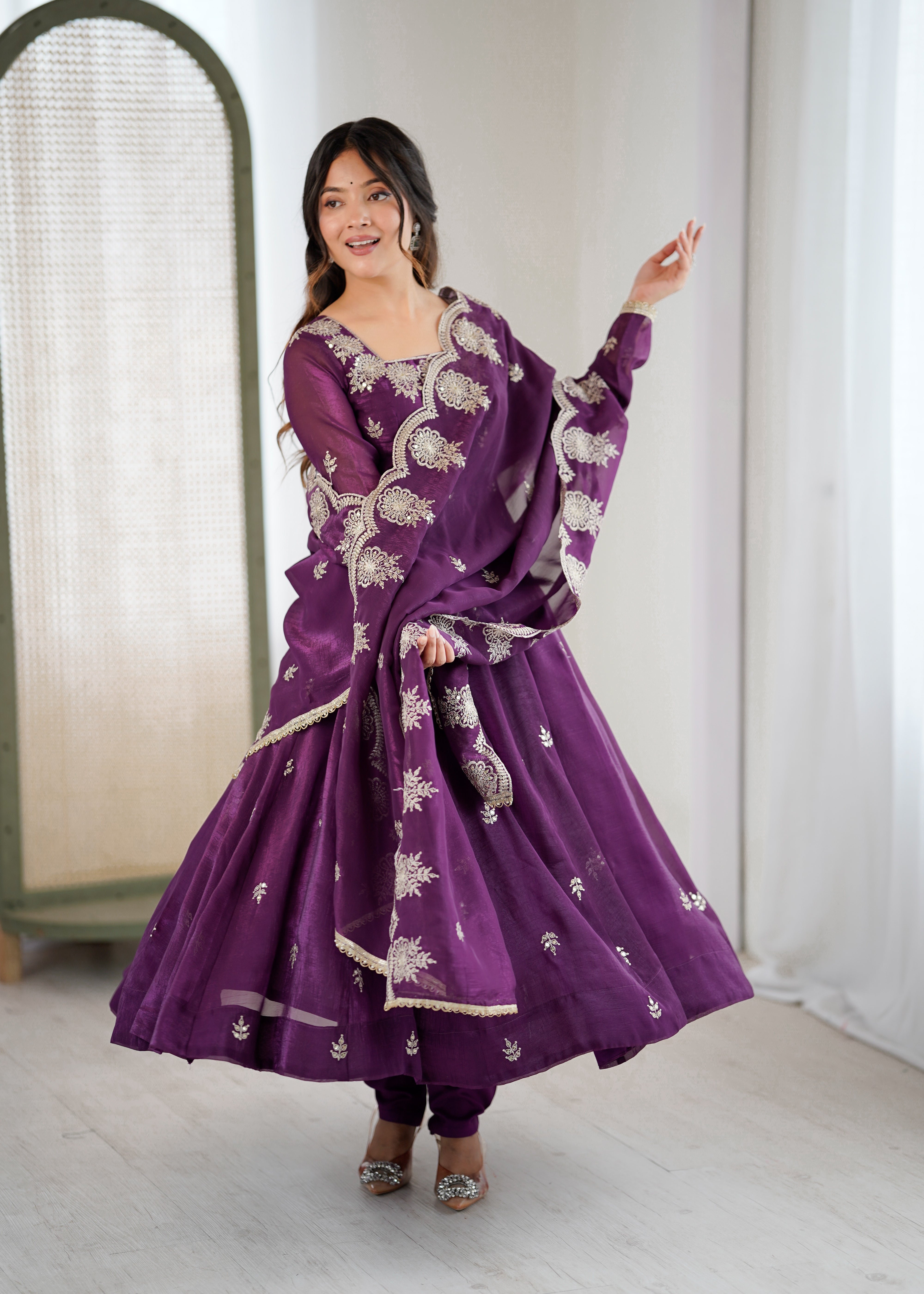 Womenline Royal Purple Embroidered Anarkali Suit Set with Scalloped Dupatta