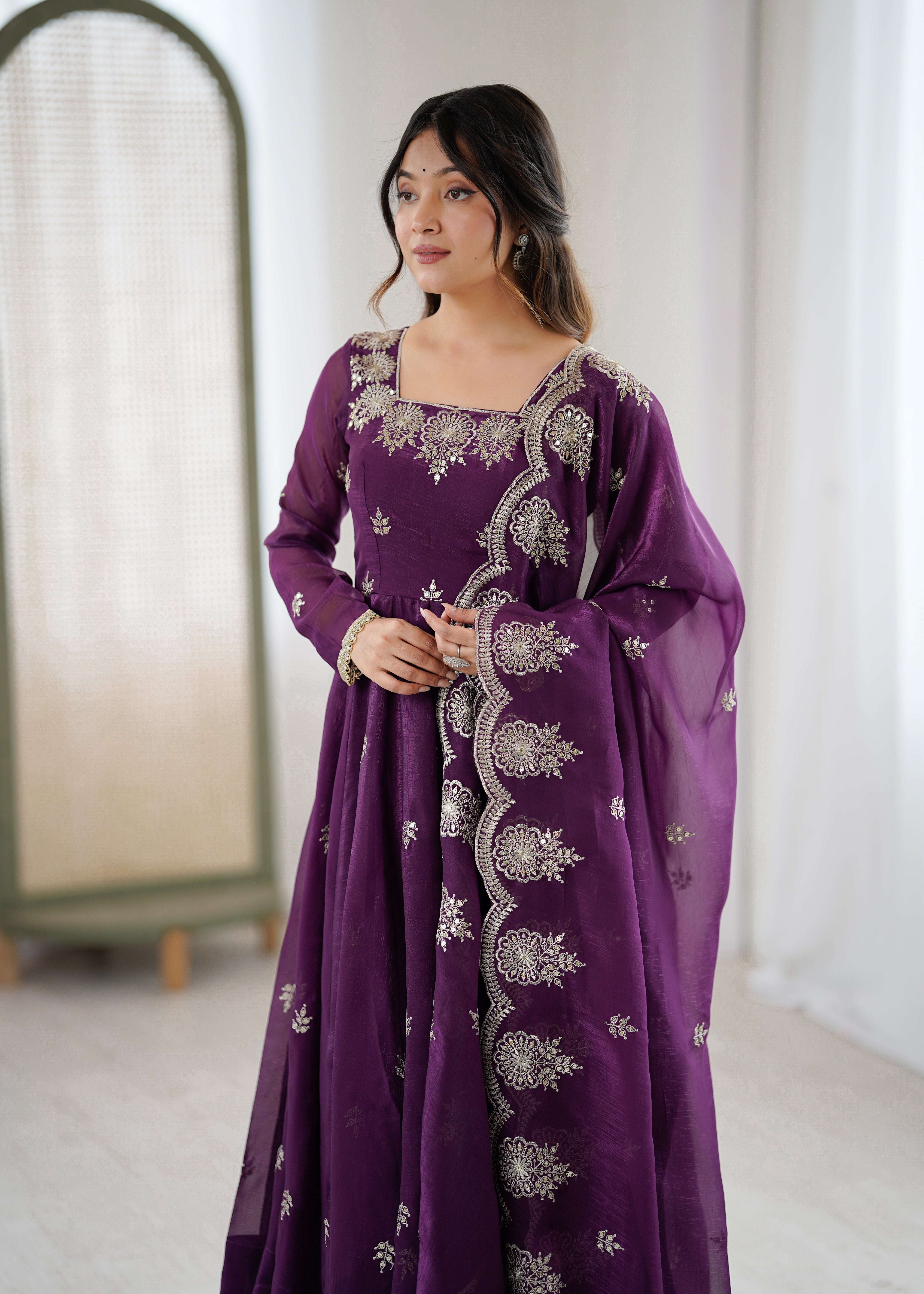 Womenline Royal Purple Embroidered Anarkali Suit Set with Scalloped Dupatta