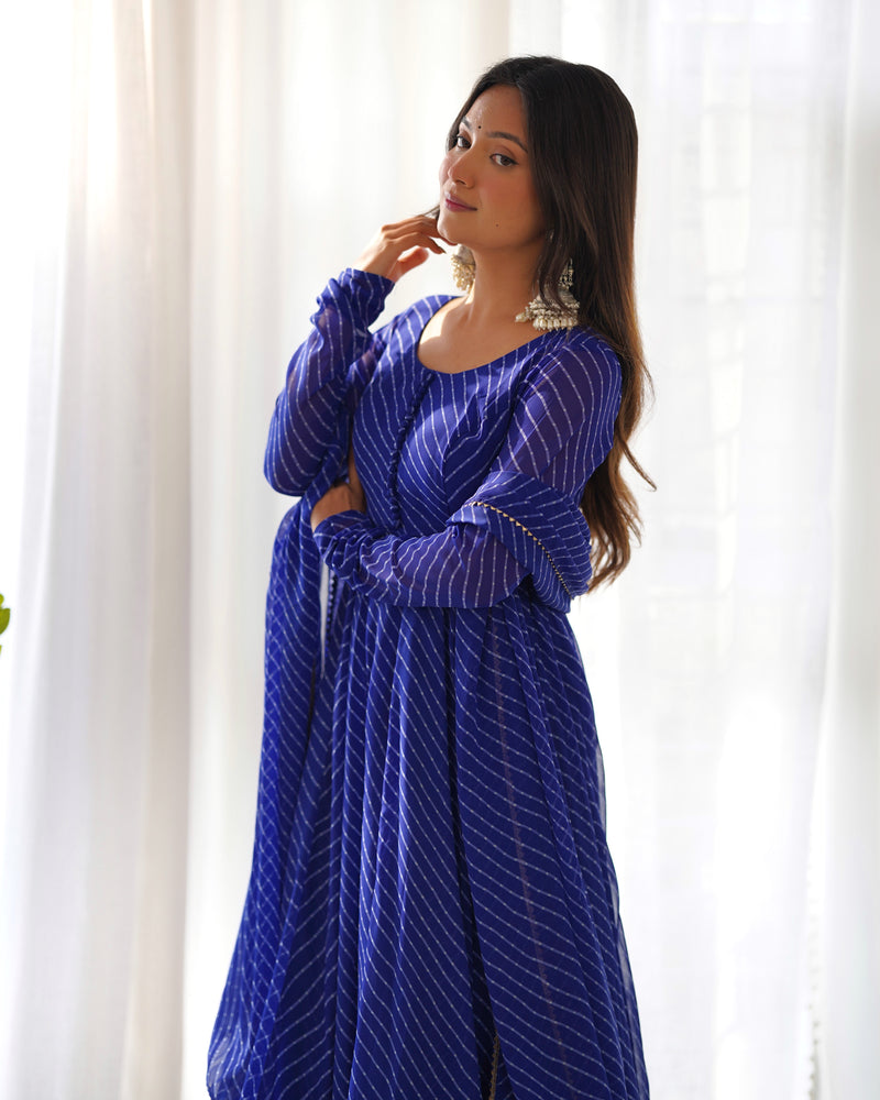 WomenLine Royal Blue Color Laheriya Print Georgette Three Piece Anarkali Suit