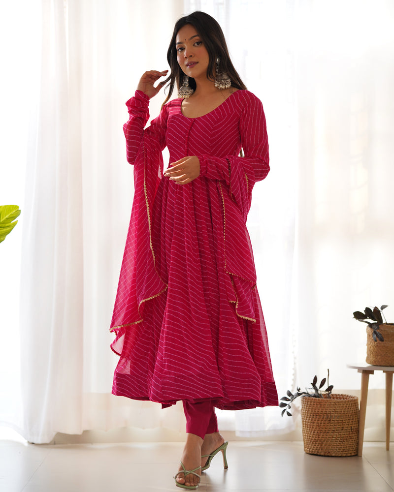 WomenLine Rani Pink Color Laheriya Print Georgette Three Piece Anarkali Suit