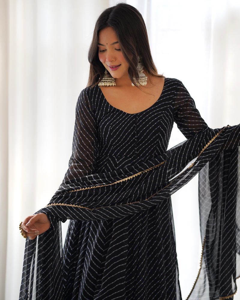 WomenLine Black Color Laheriya Print Georgette Three Piece Anarkali Suit