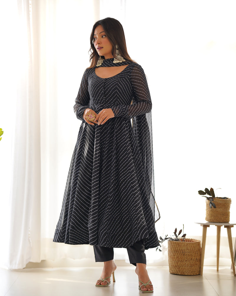 WomenLine Black Color Laheriya Print Georgette Three Piece Anarkali Suit
