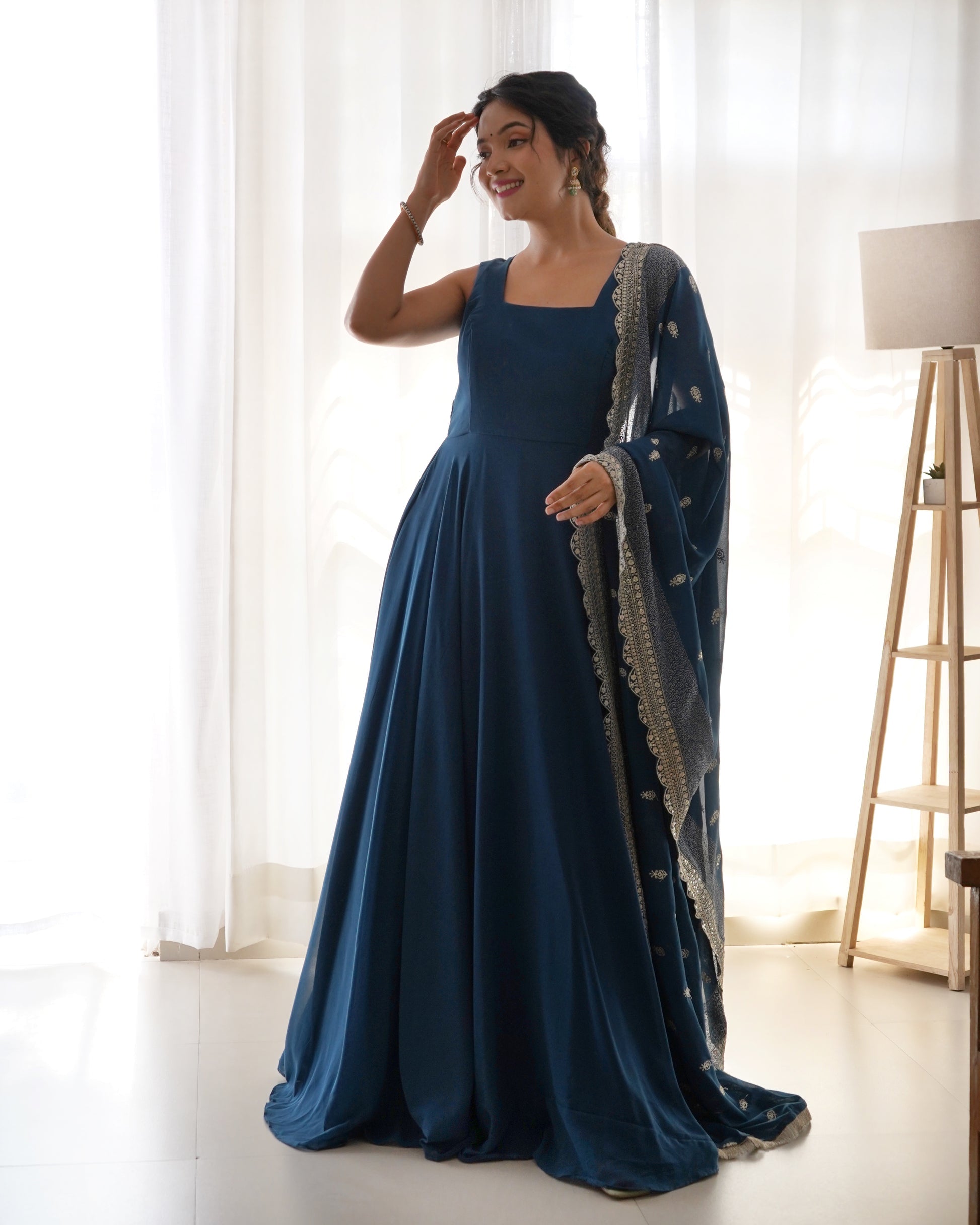 Womenline Rama Color Anarkali Gown With Heavy Embroidered Dupatta