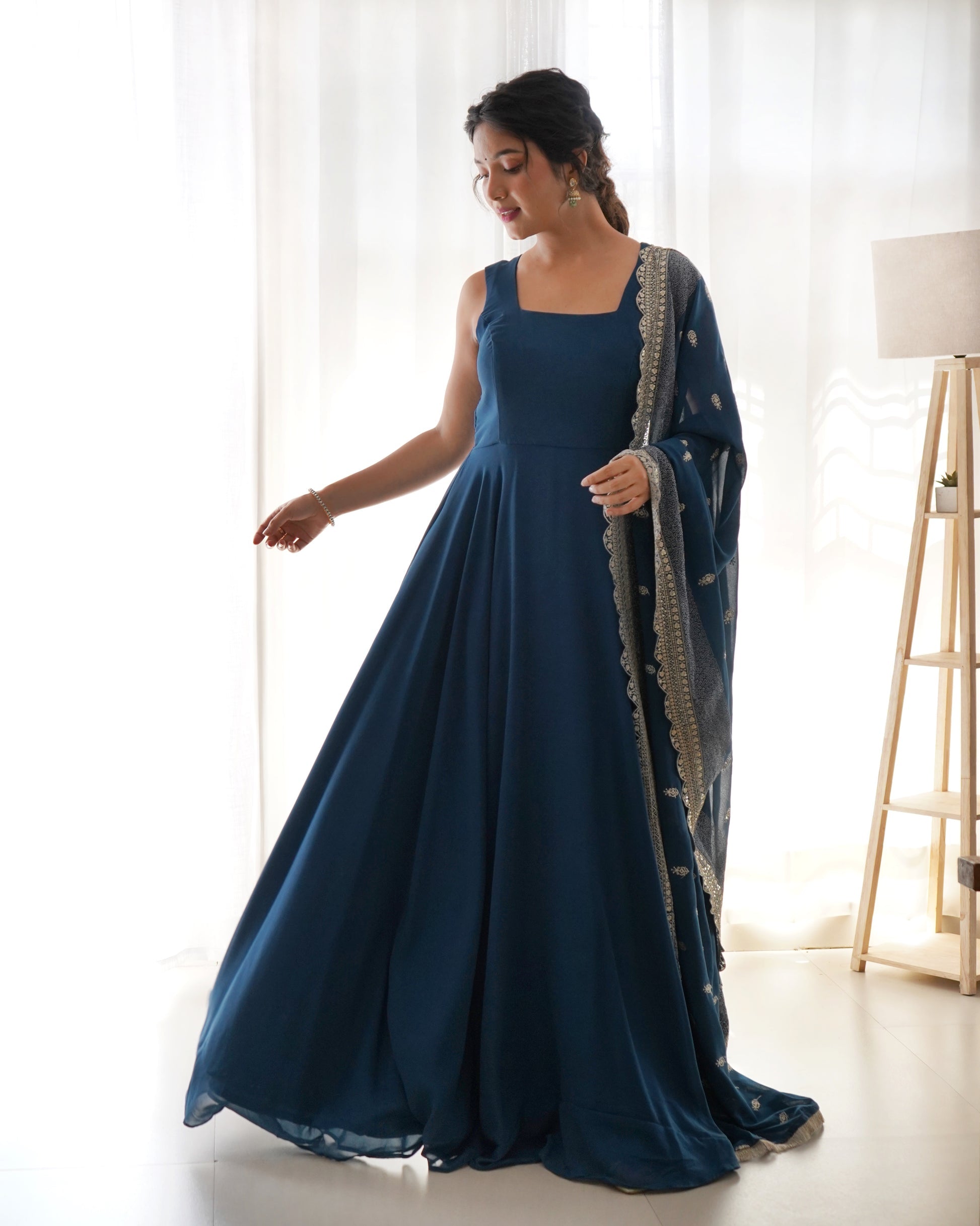 Womenline Rama Color Anarkali Gown With Heavy Embroidered Dupatta