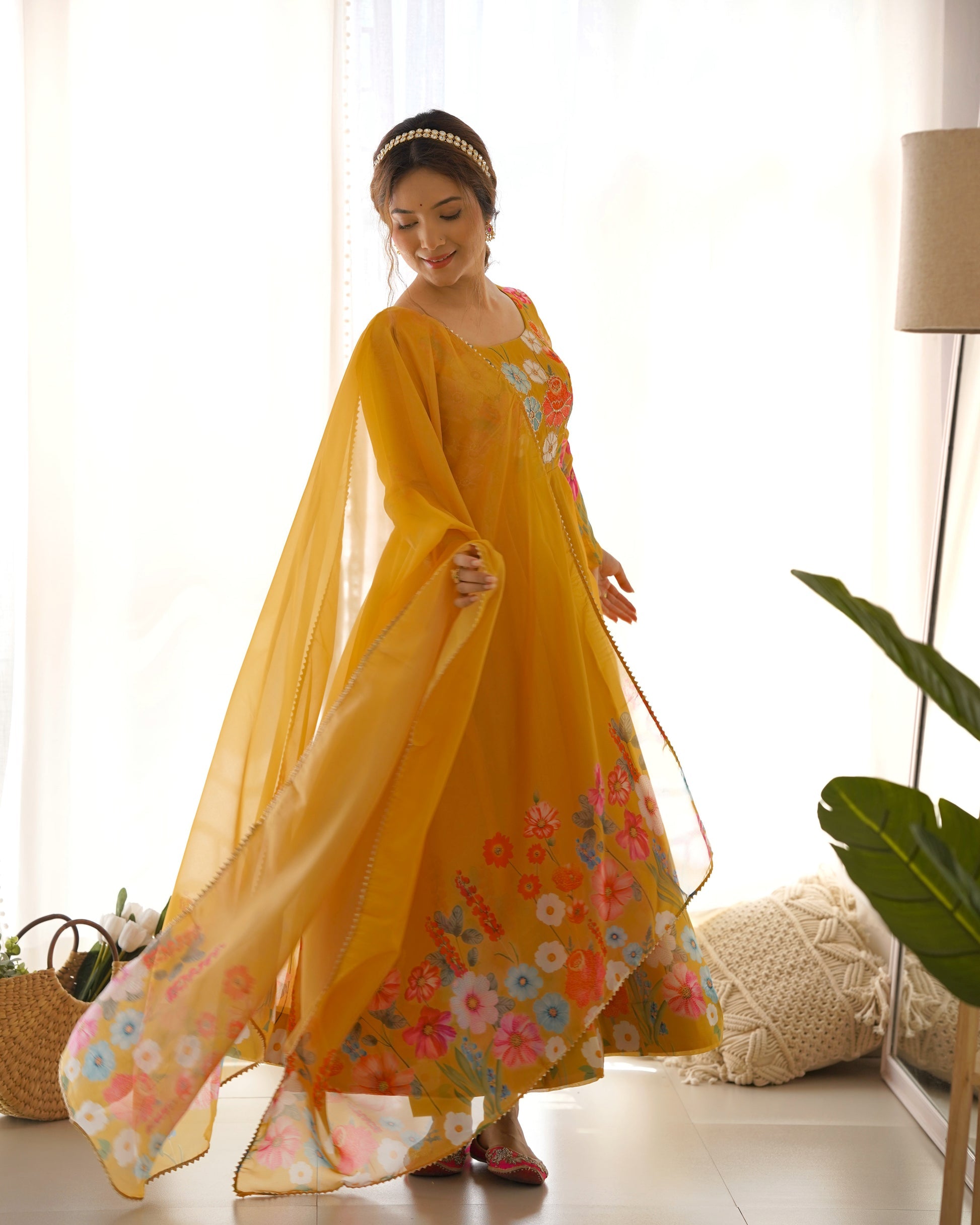 Womenline Yellow Color Floral Print Organza Three Piece Anarkali Suit