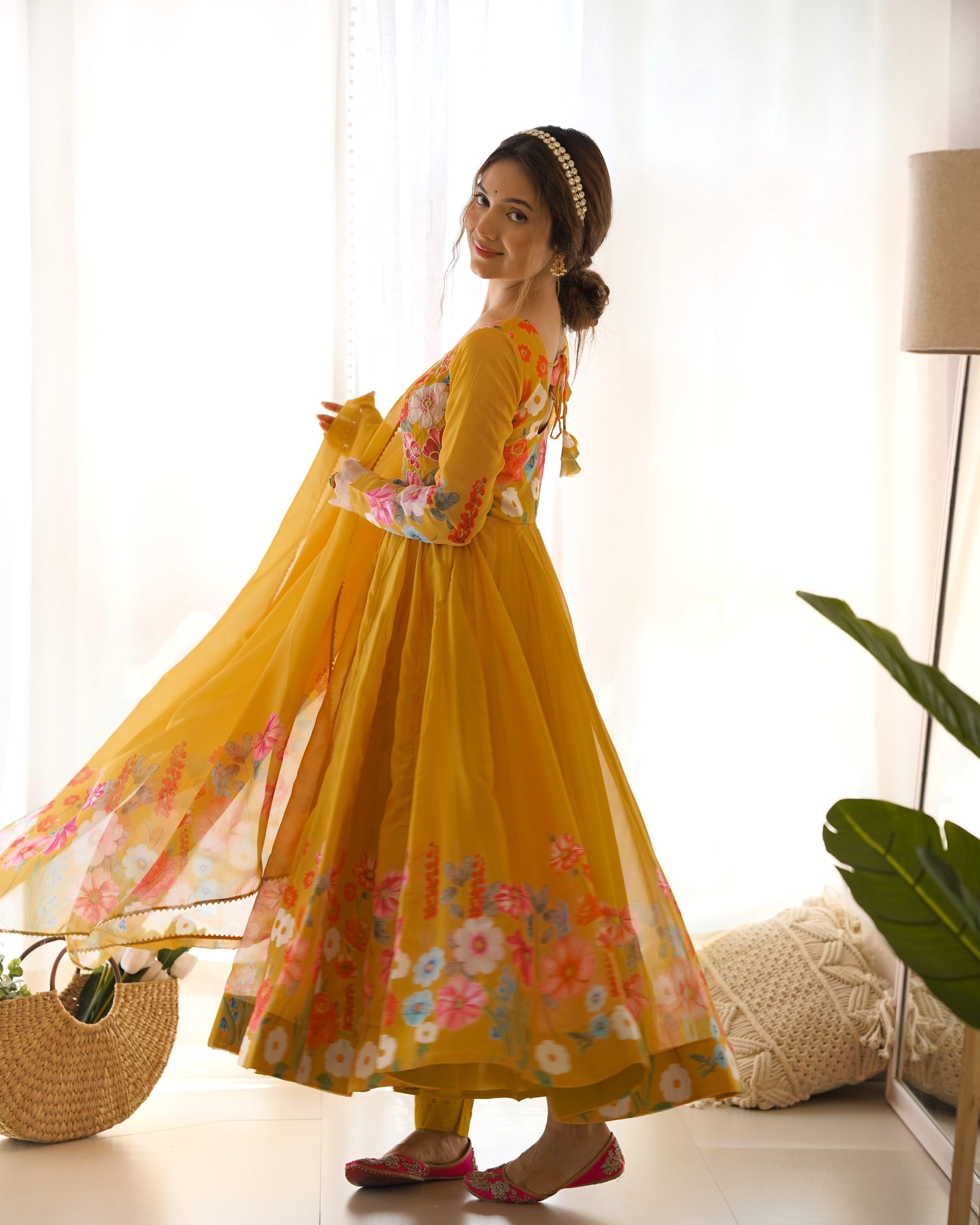 Womenline Yellow Color Floral Print Organza Three Piece Anarkali Suit
