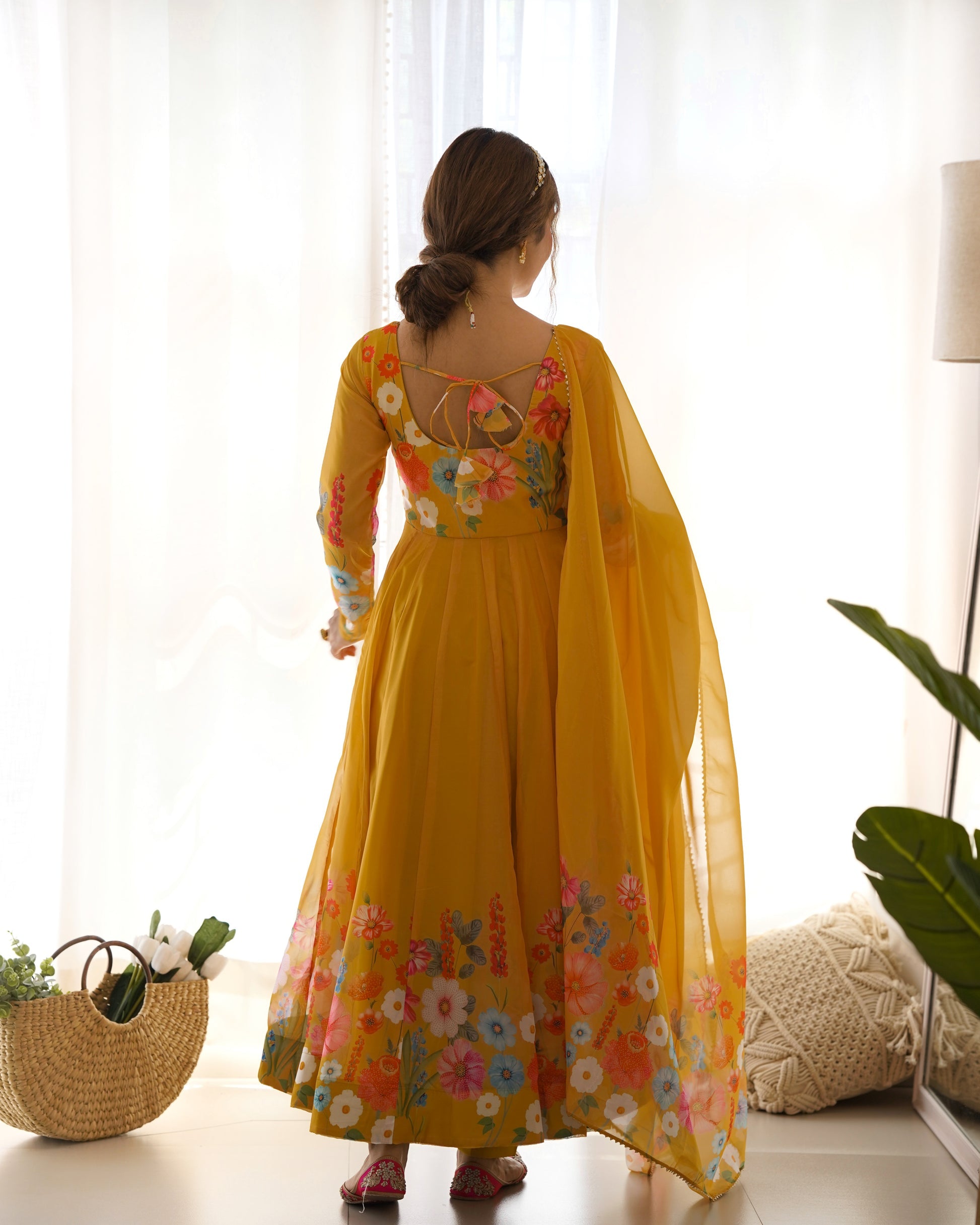 Womenline Yellow Color Floral Print Organza Three Piece Anarkali Suit