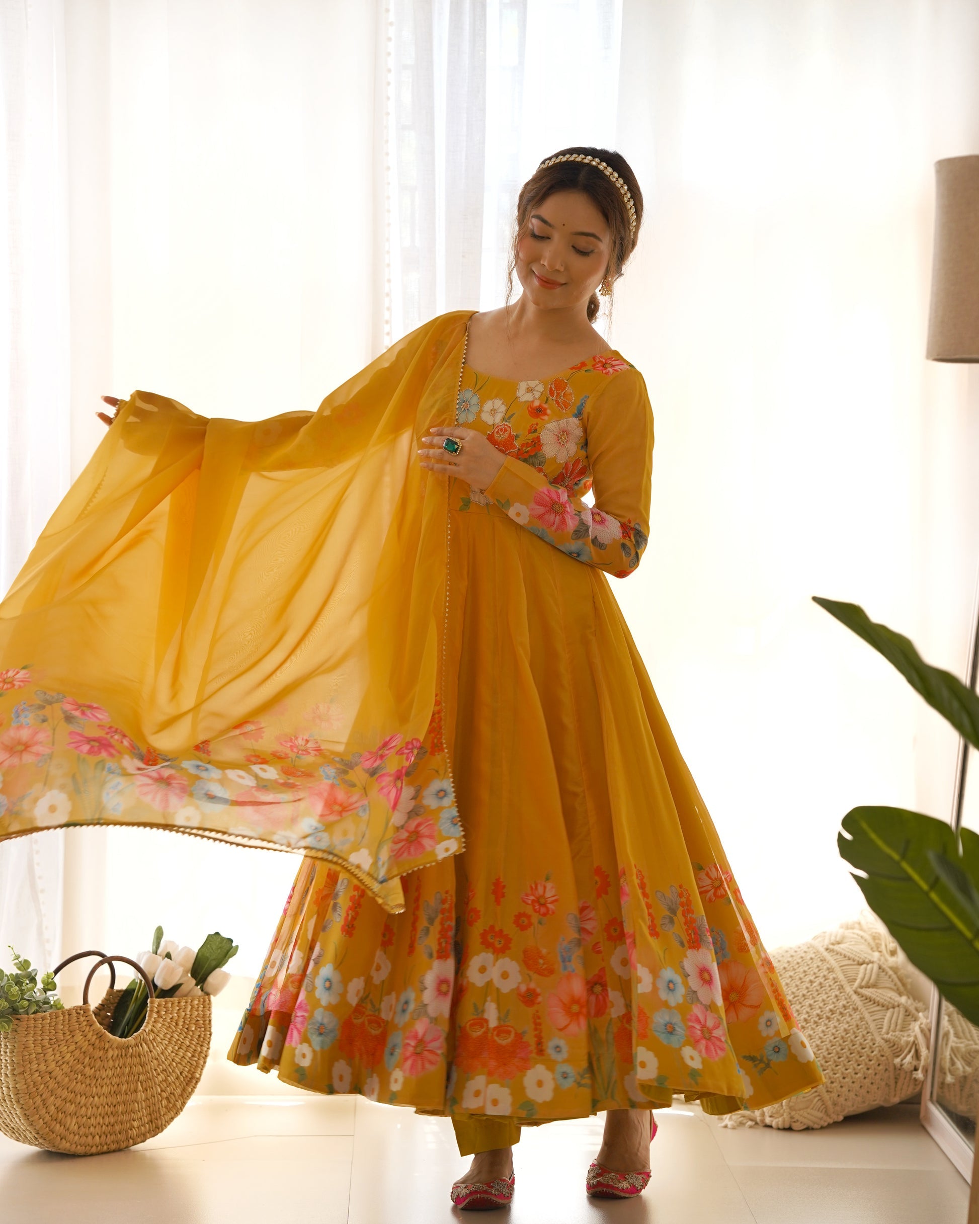 Womenline Yellow Color Floral Print Organza Three Piece Anarkali Suit